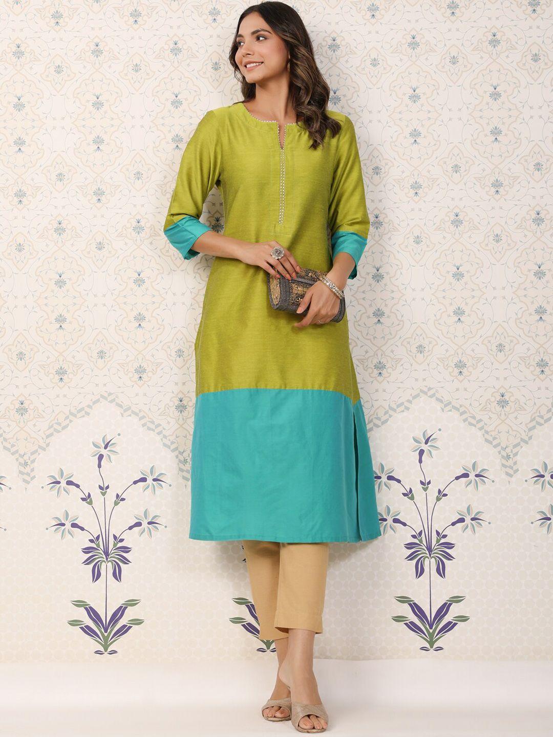 ode by house of pataudi colourblocked cotton silk straight kurta