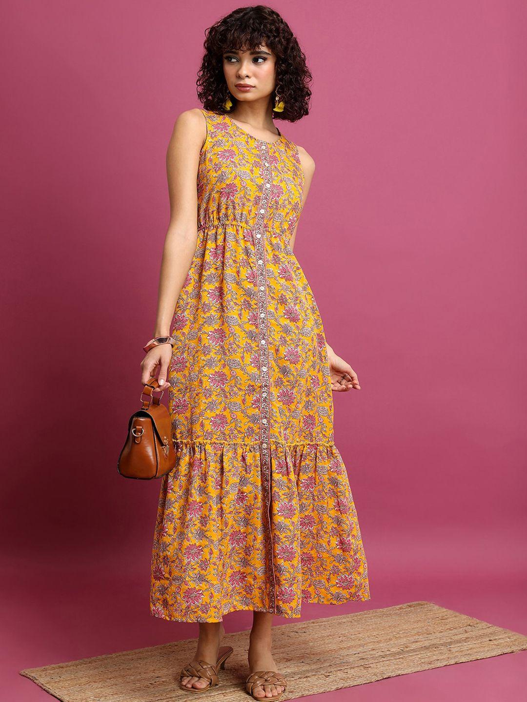 vishudh orange floral printed gathered maxi dress