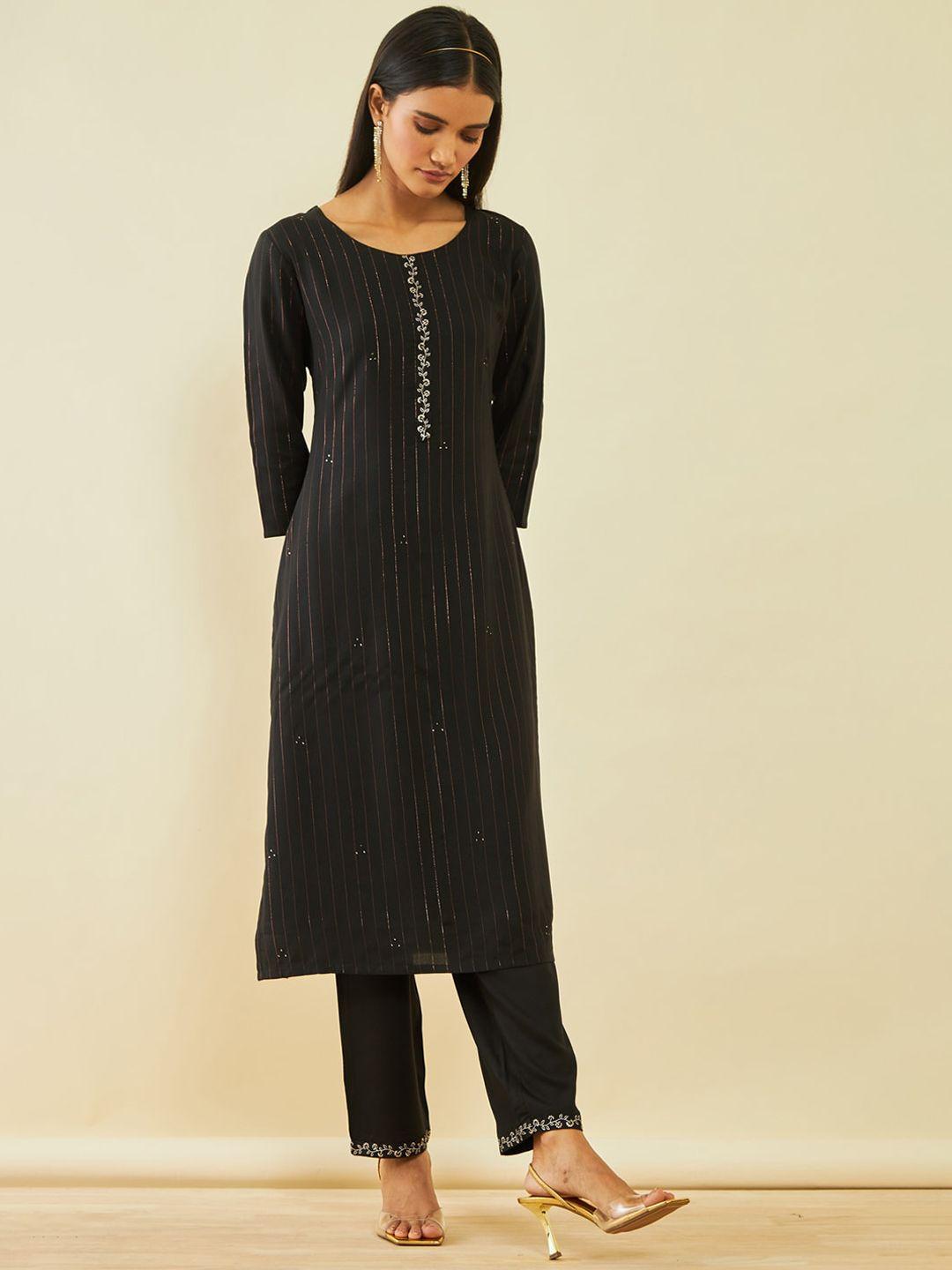 soch striped round neck thread work straight kurta with trousers