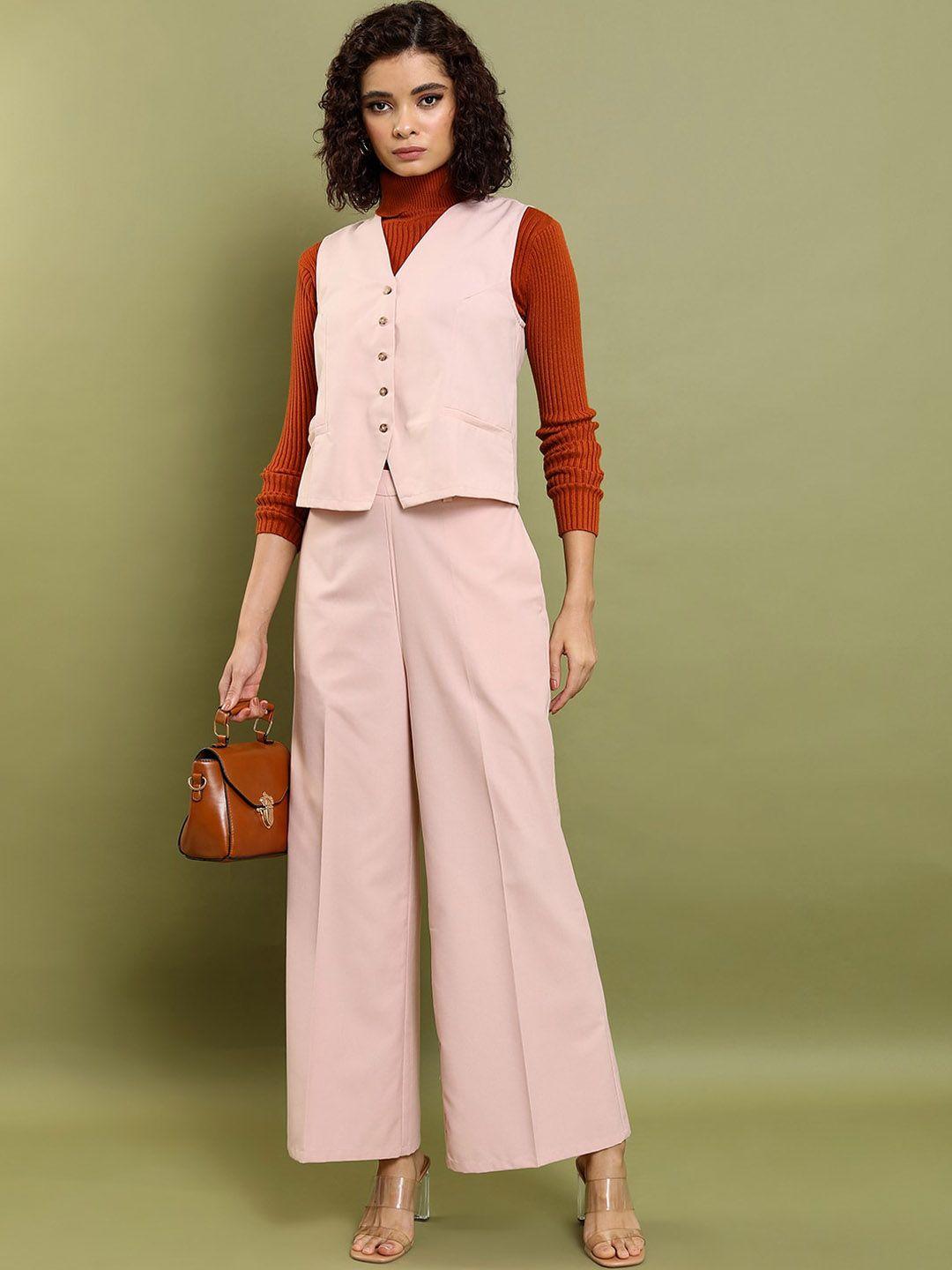 tokyo talkies peach v- neck coat with flared trouser