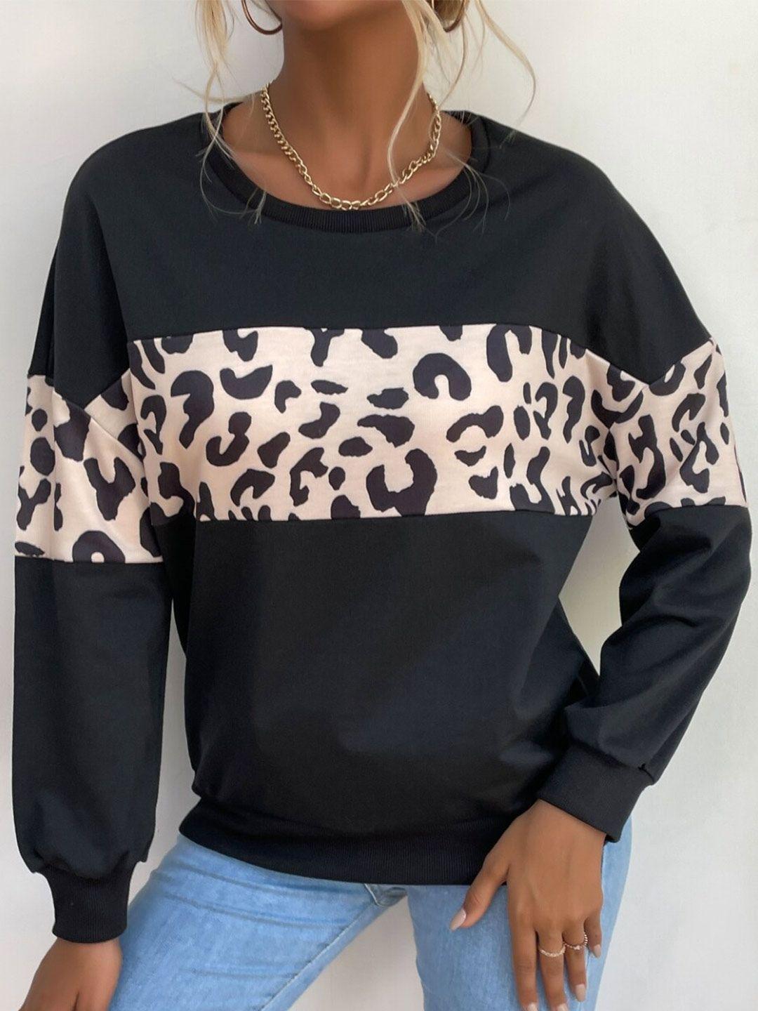 stylecast black animal print round neck long sleeves cotton top