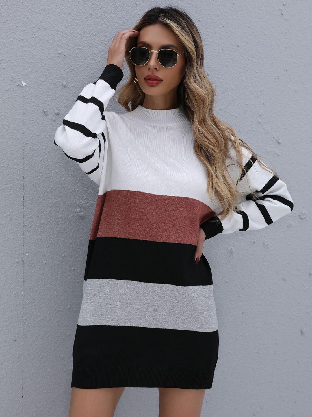 stylecast black, white & brown colourblocked high neck longline pullover