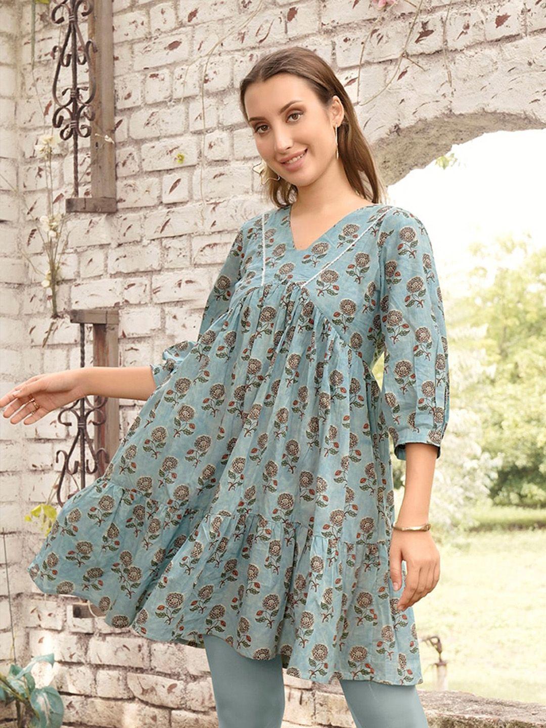 anouk grey floral printed pure cotton anarkali kurti