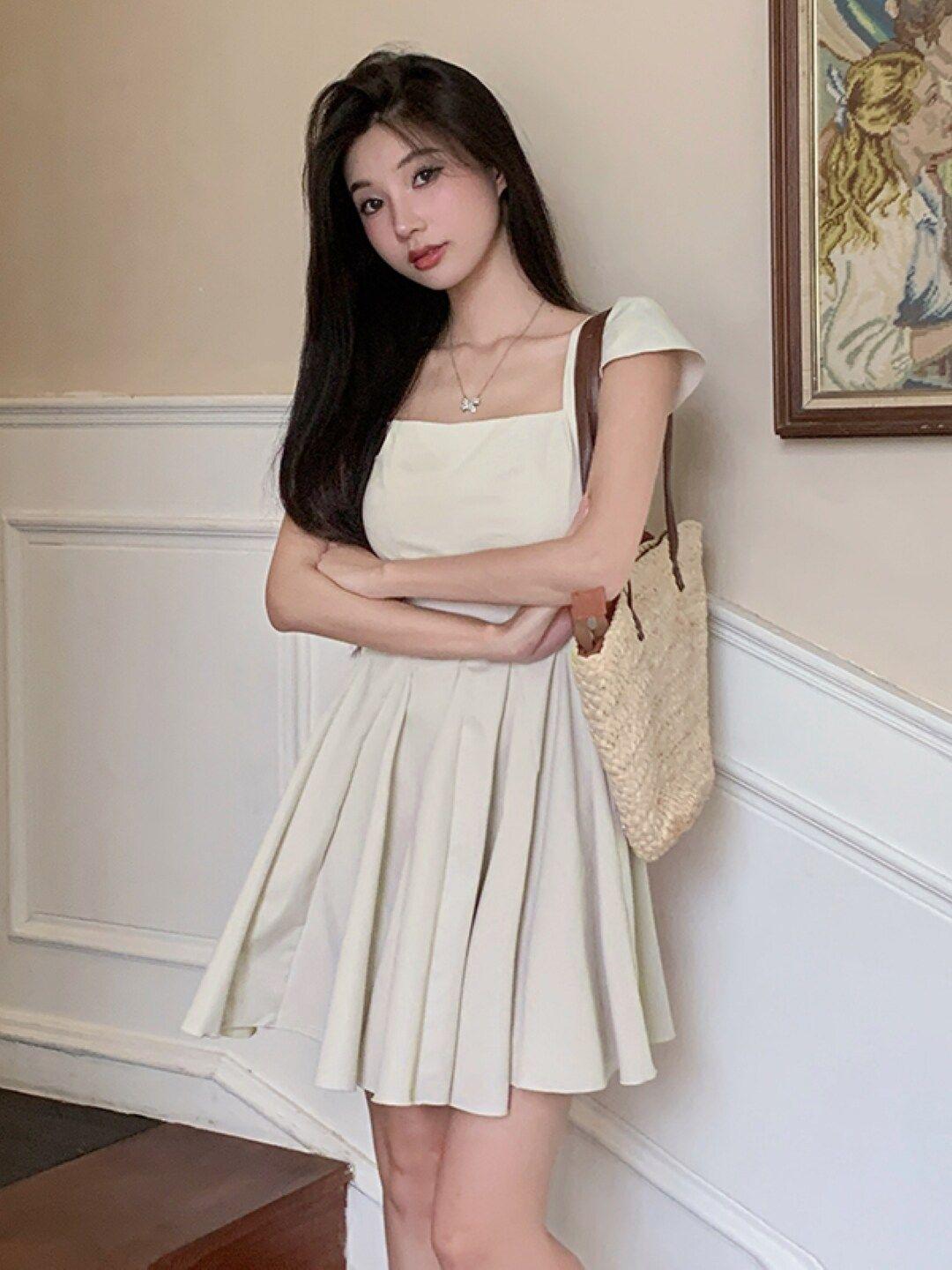 stylecast cream-coloured square neck cap sleeves fit & flare dress