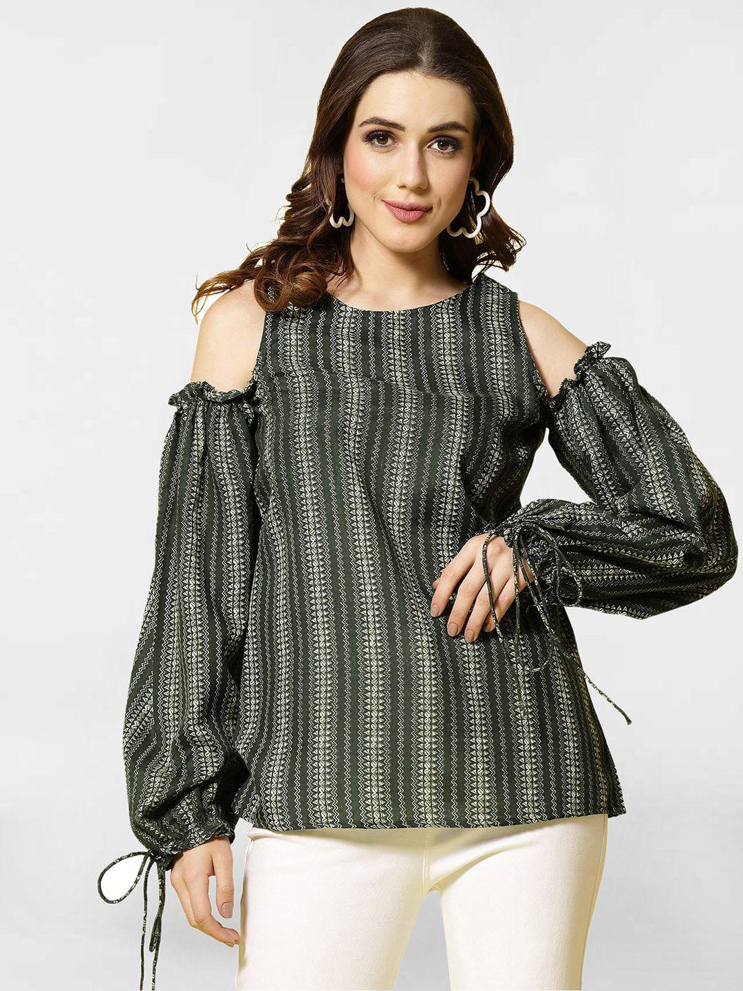 selvia green print cold-shoulder top