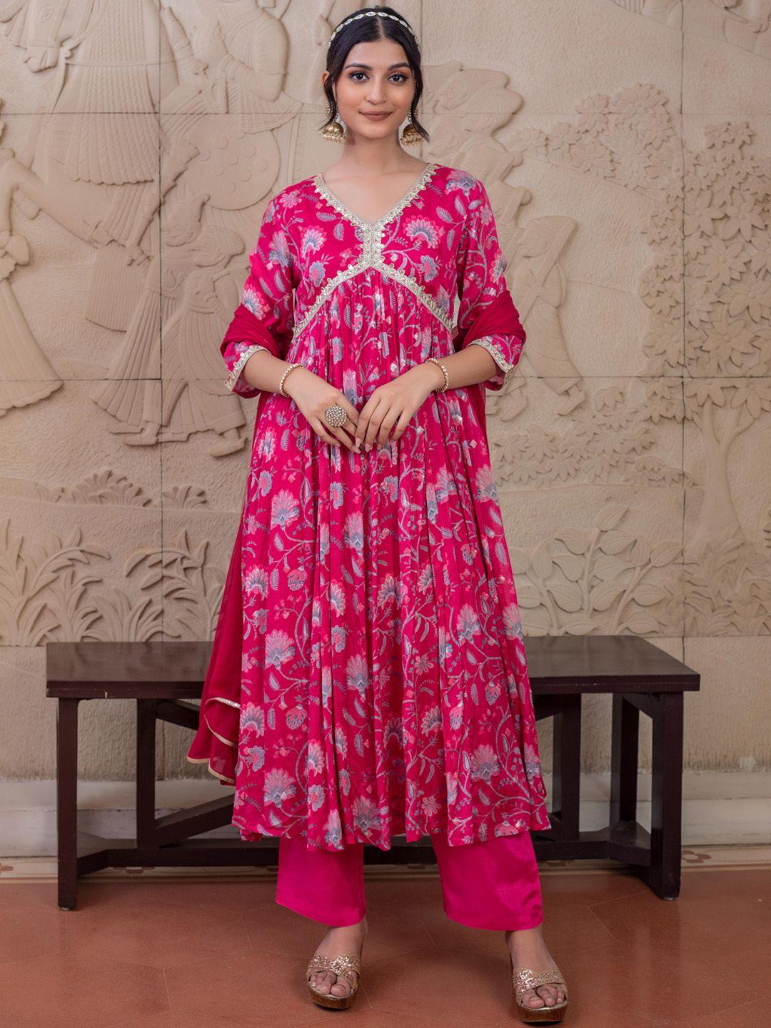 kasya floral printed empire sequinned kurta with trousers & dupatta