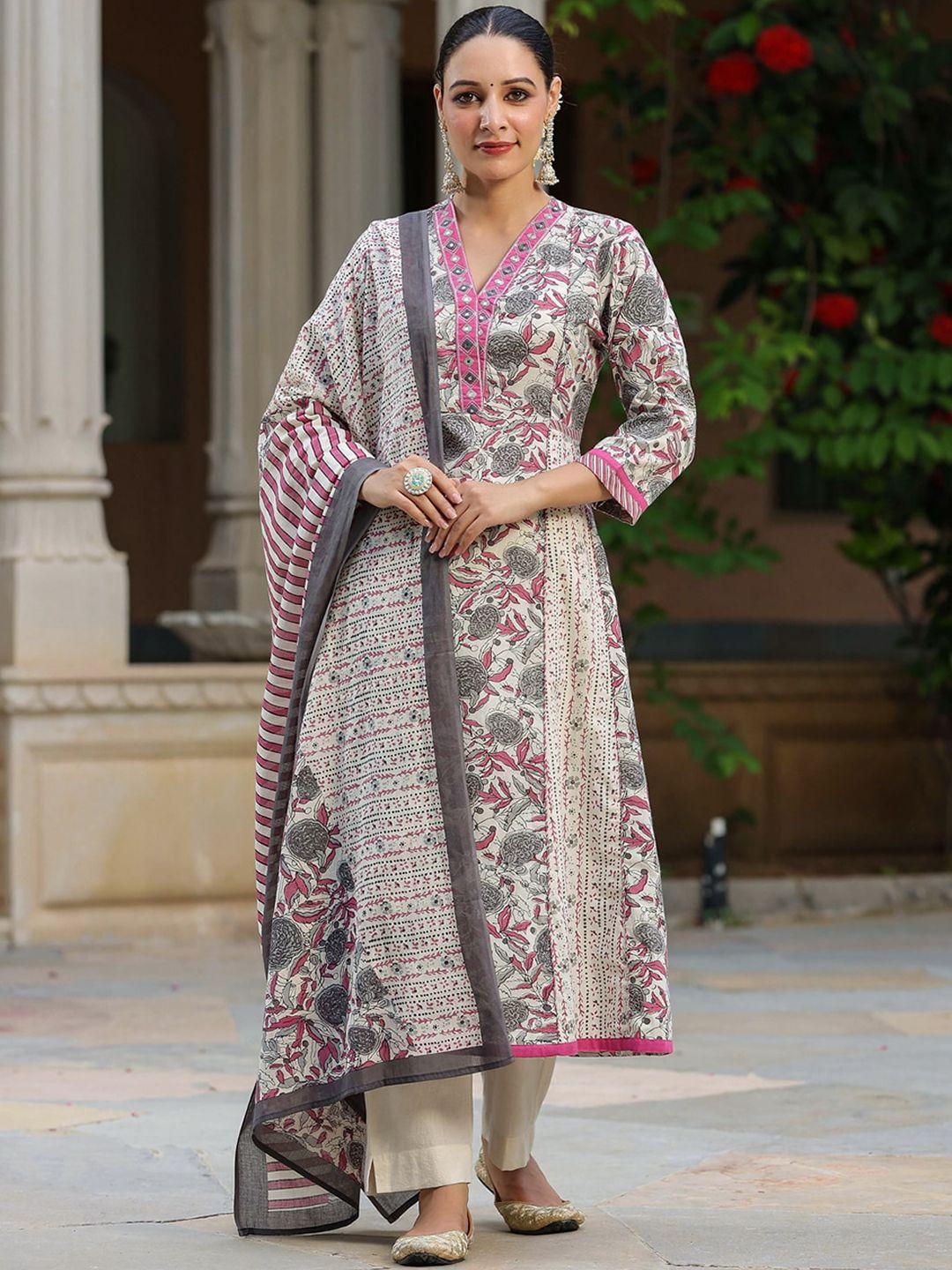 rain & rainbow floral printed mirror work pure cotton kurta with trousers & dupatta