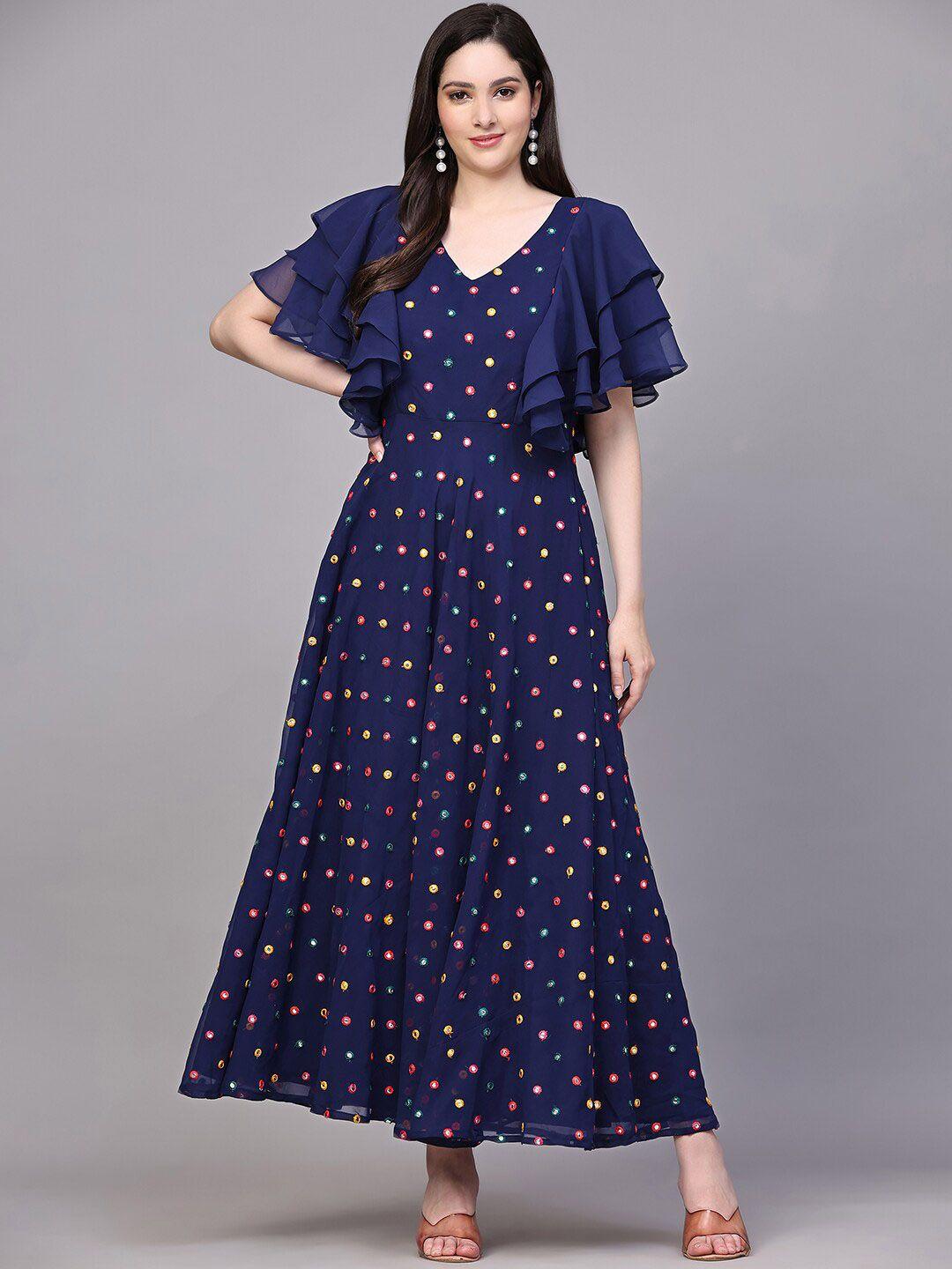 black scissor navy blue floral print flutter sleeve georgette maxi dress