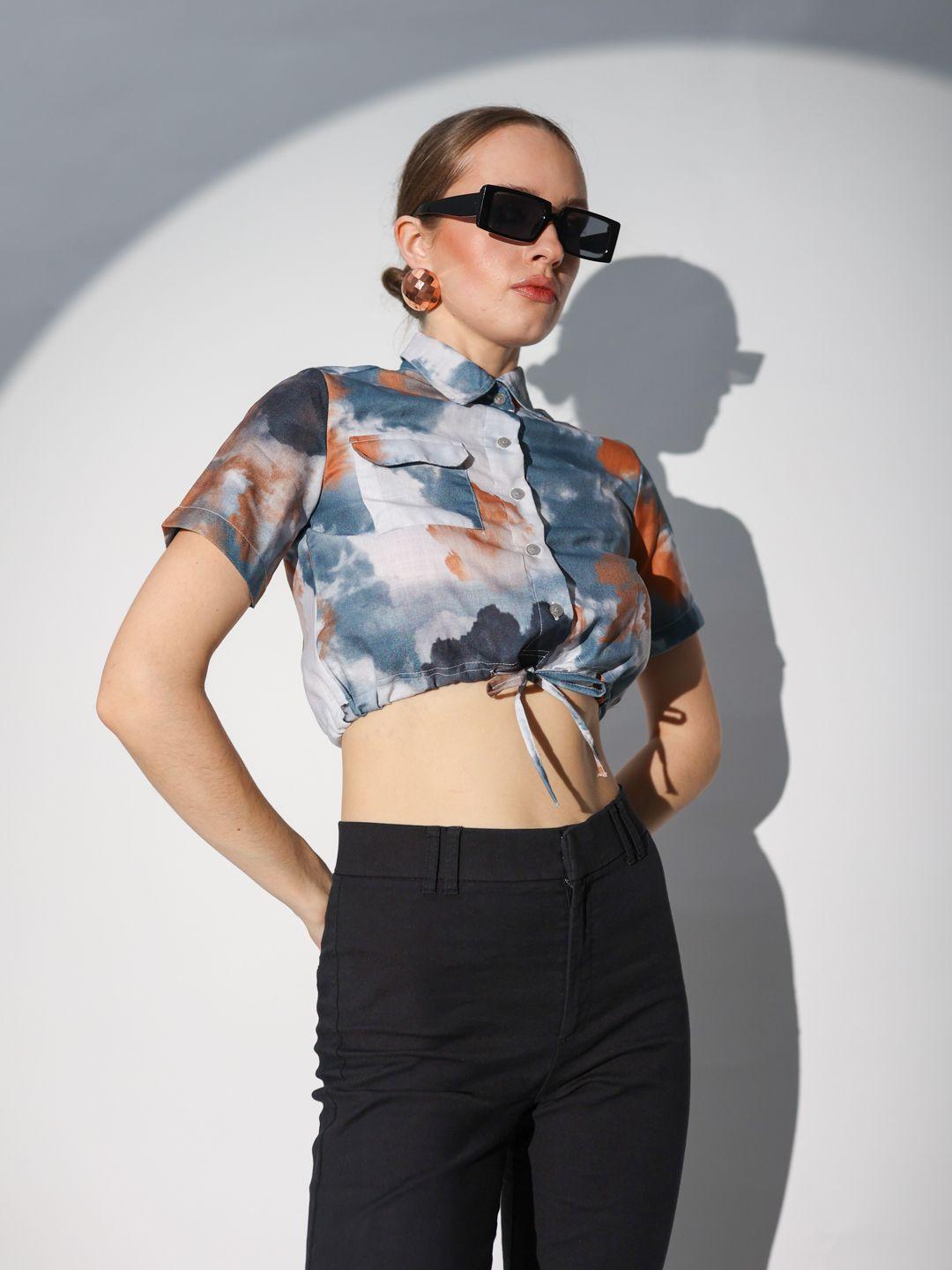 stylecast x hersheinbox printed waist-tie-up detail crop casual shirt