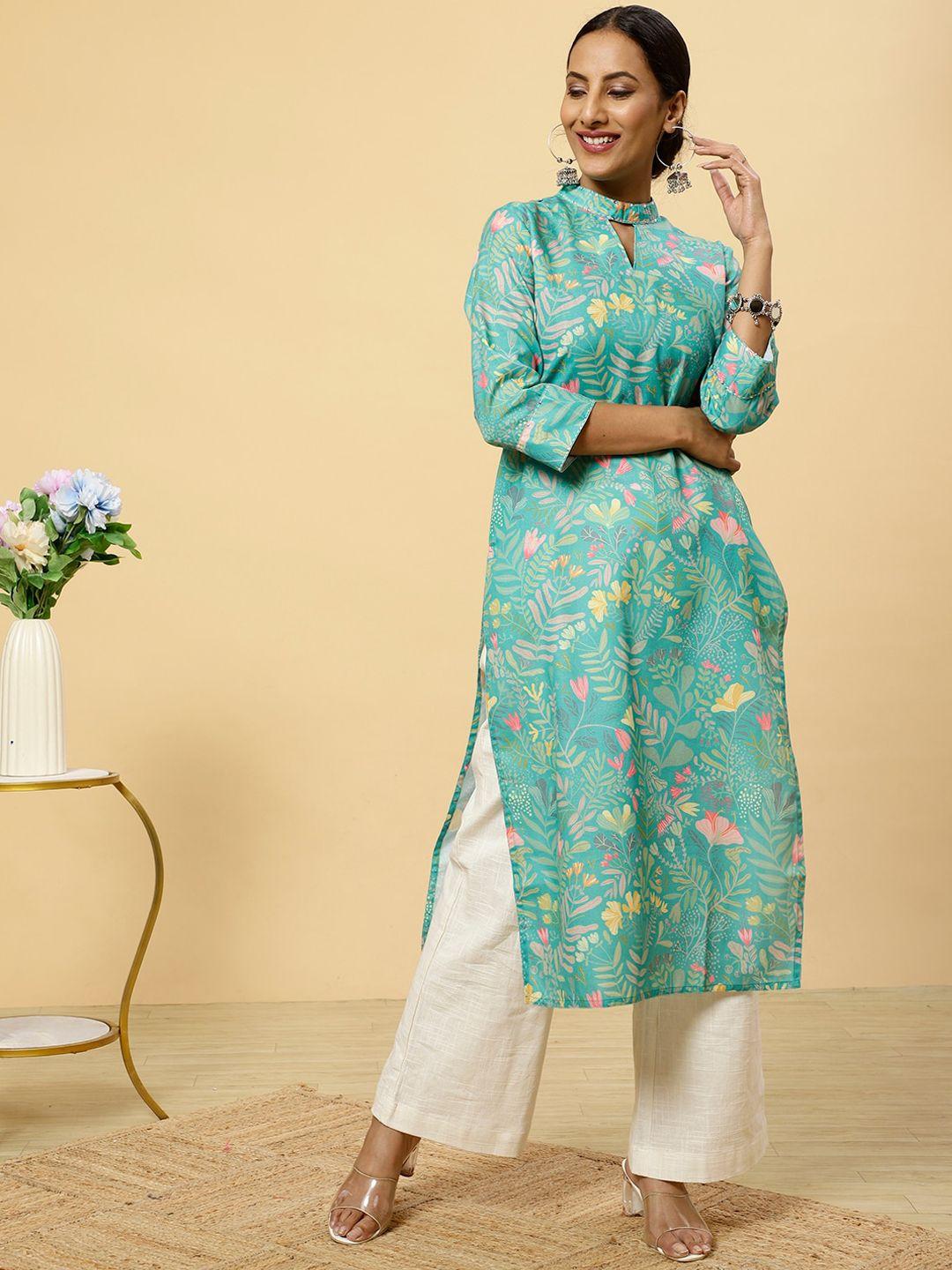 jaipur kurti floral printed keyhole neck linen straight kurta