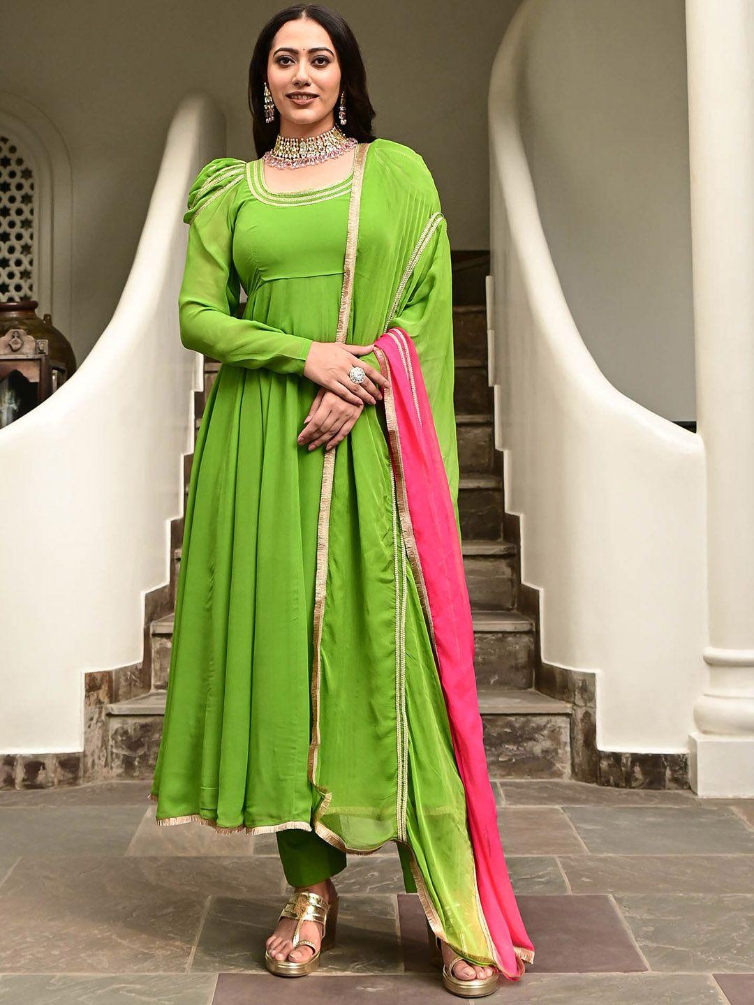 urbanstree square neck puff sleeves regular anarkali kurta & trousers with dupatta