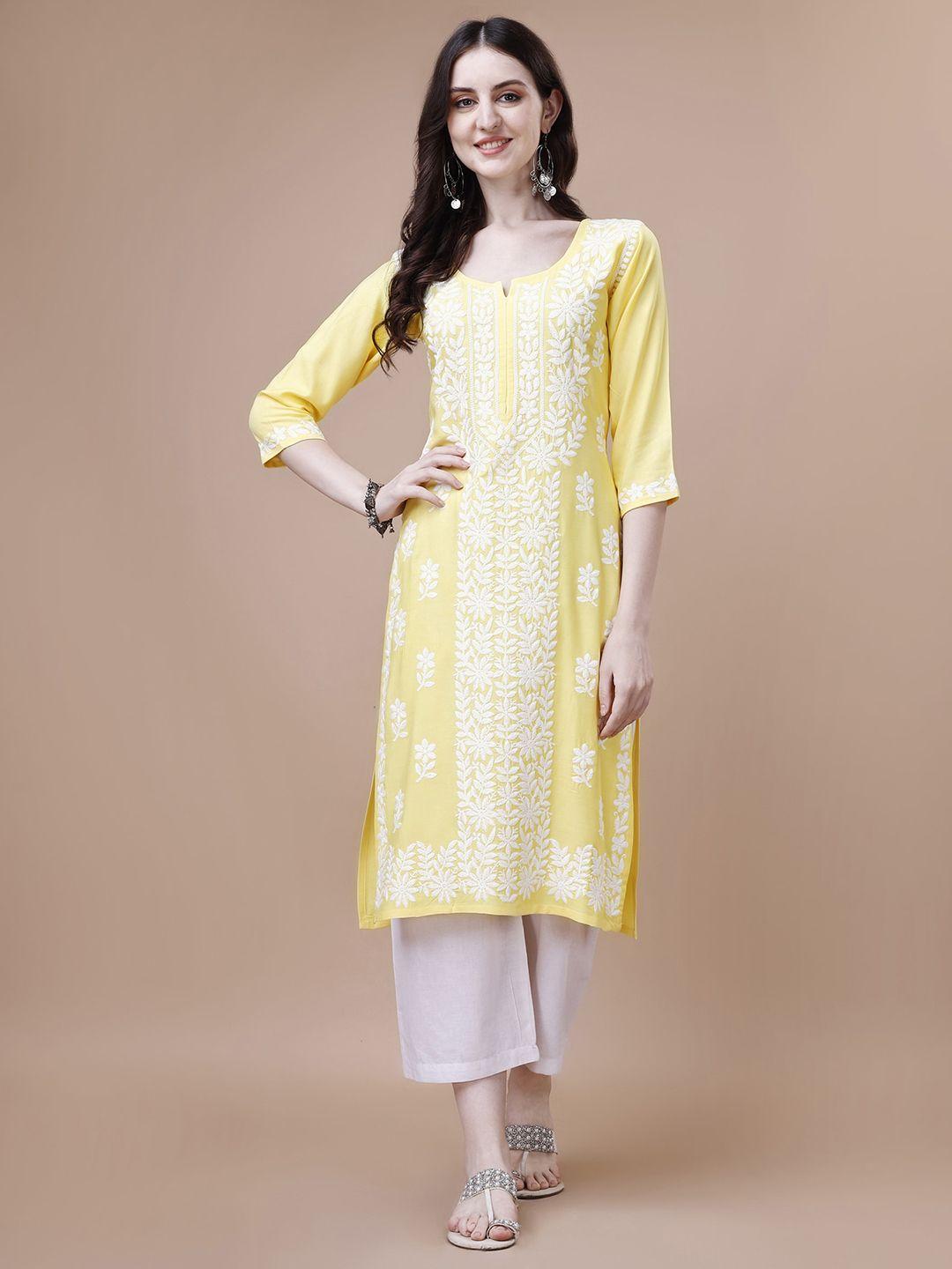 sazrika women yellow ethnic motifs embroidered chikankari kurta