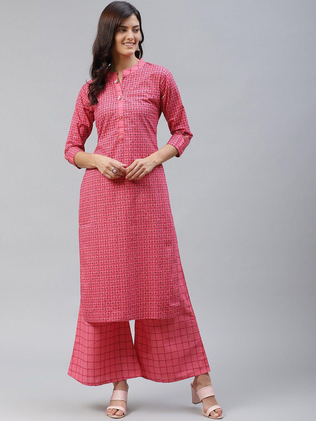 kalini ethnic motifs printed mandarin collar pure cotton kurta with palazzos