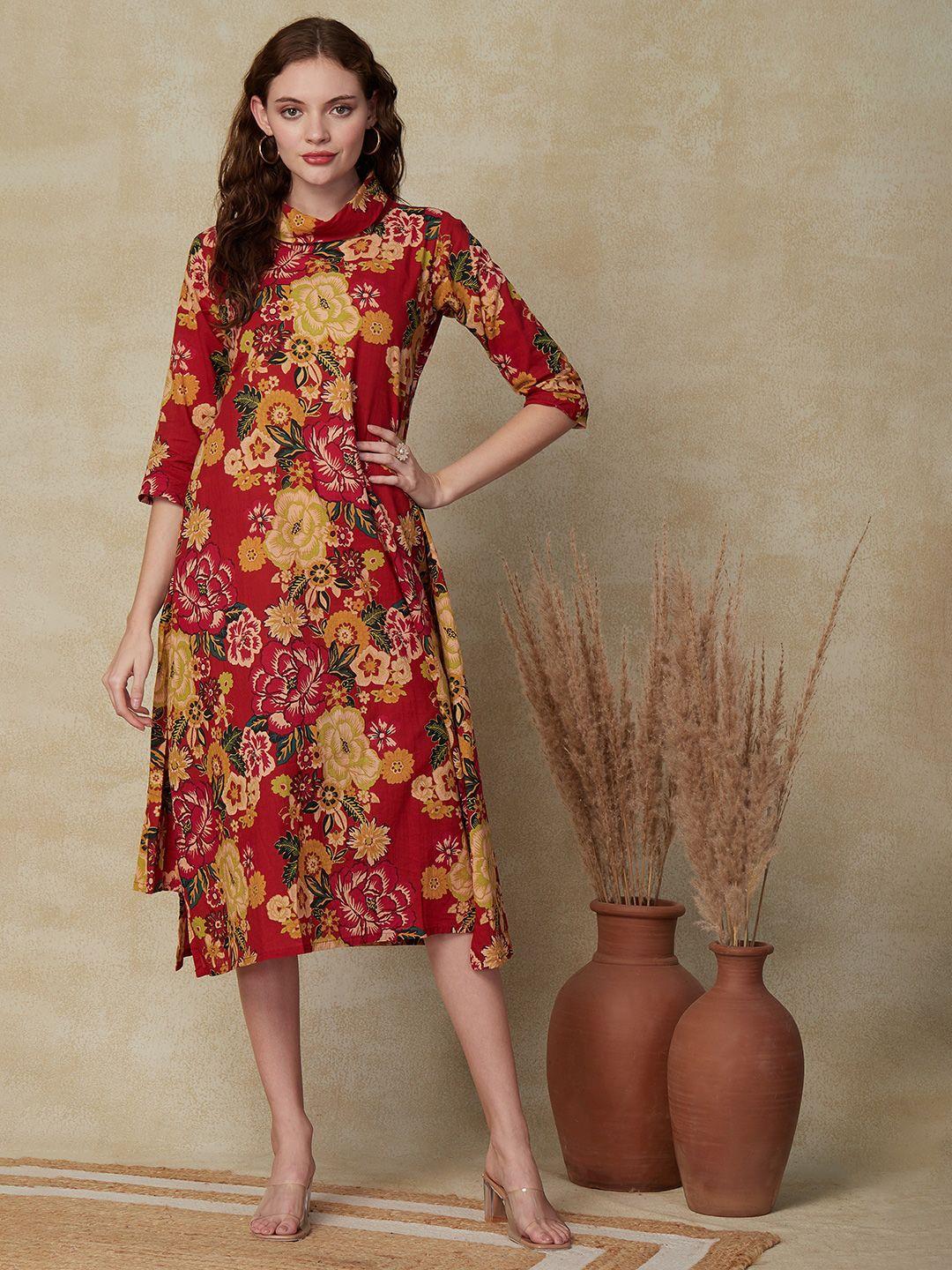 fashor floral printed high neck cotton a-line midi dress