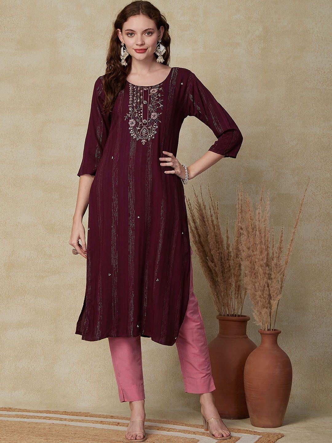 fashor ethnic motifs embroidered beads & stones straight kurta