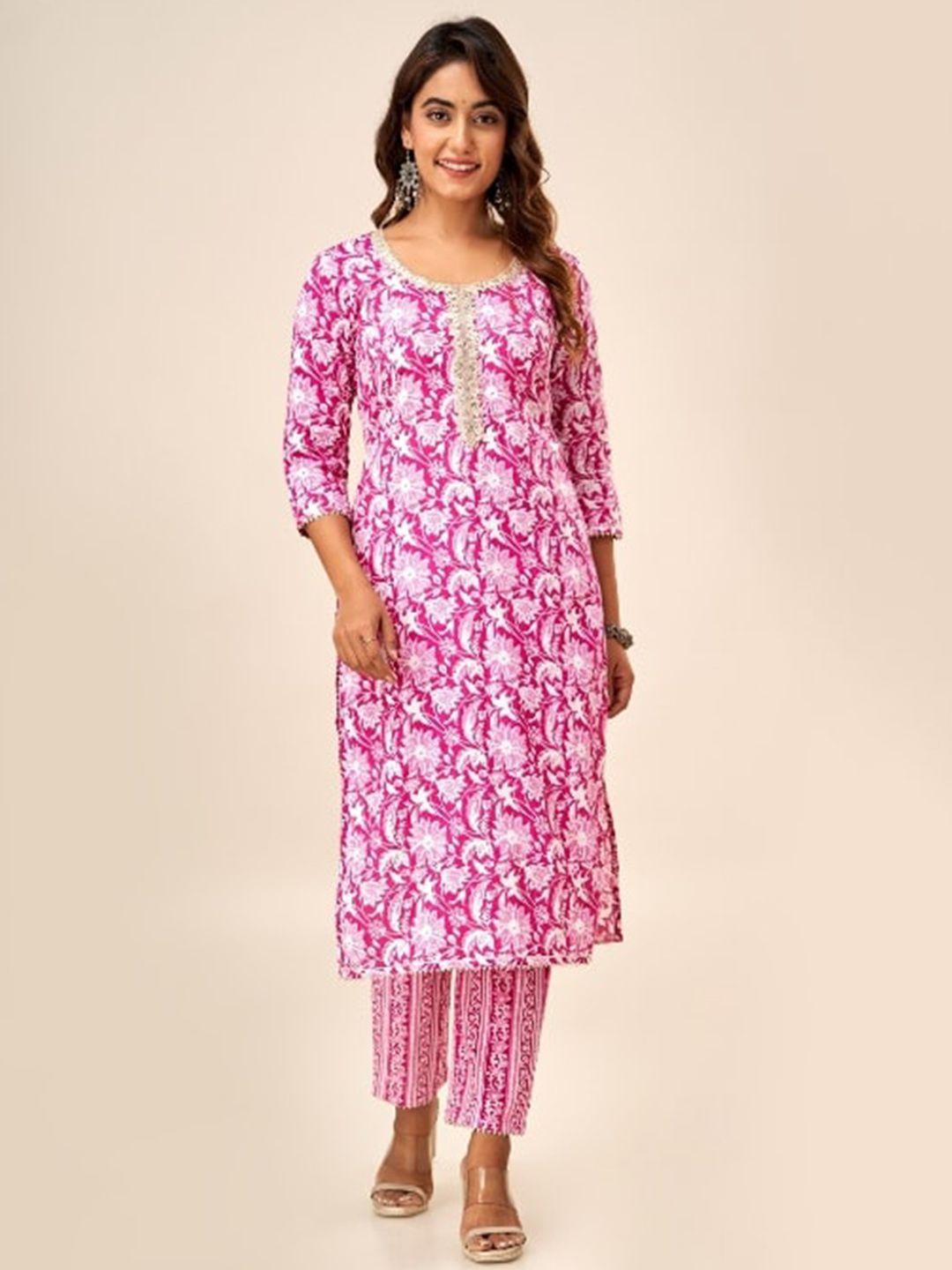 svarchi floral printed regular gotta patti pure cotton kurta with trousers