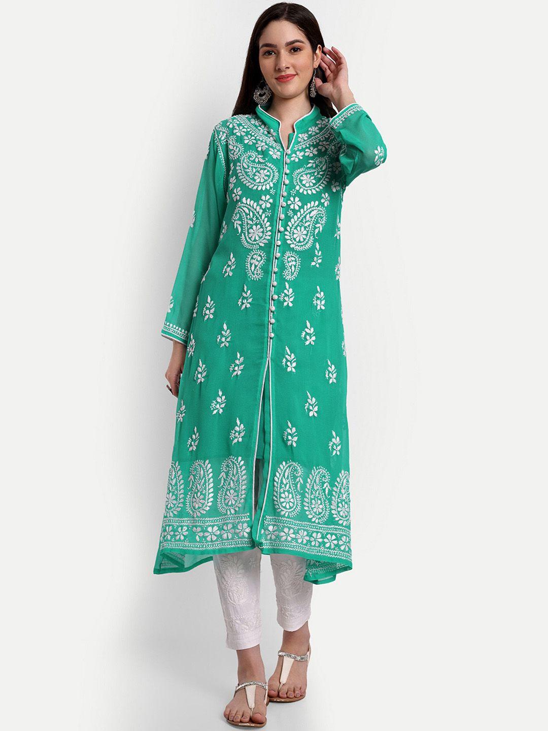 indiankala4u ethnic embroidered chikankari georgette a-line kurta with matching slip