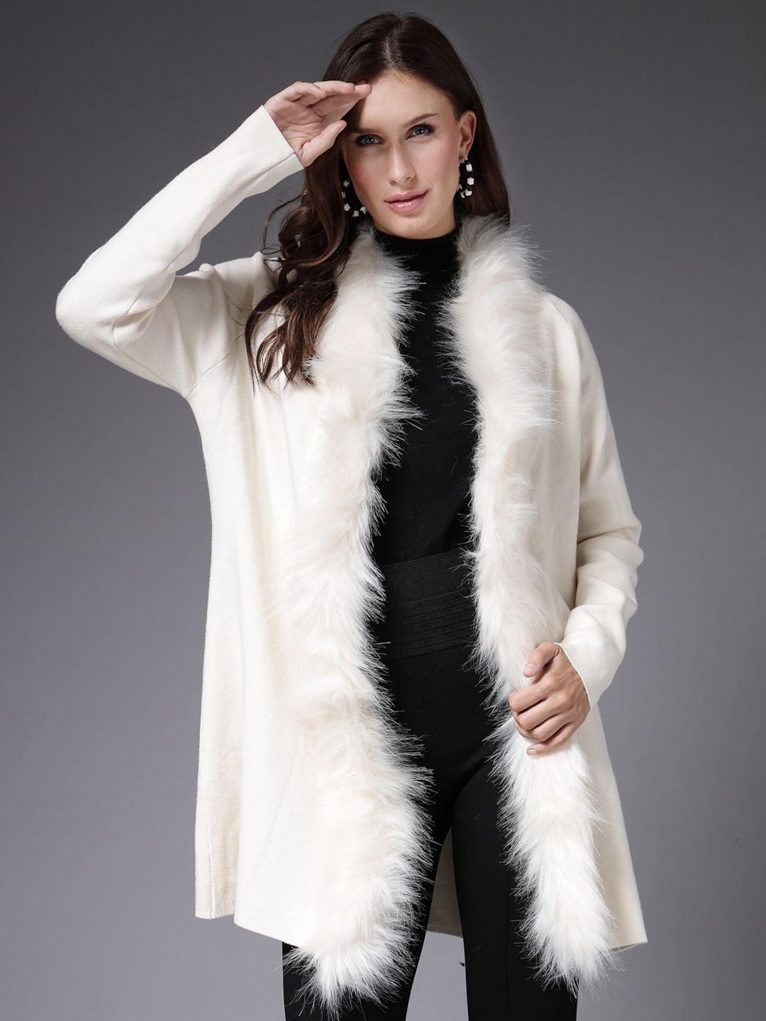 mafadeny faux fur detail open front longline shrug