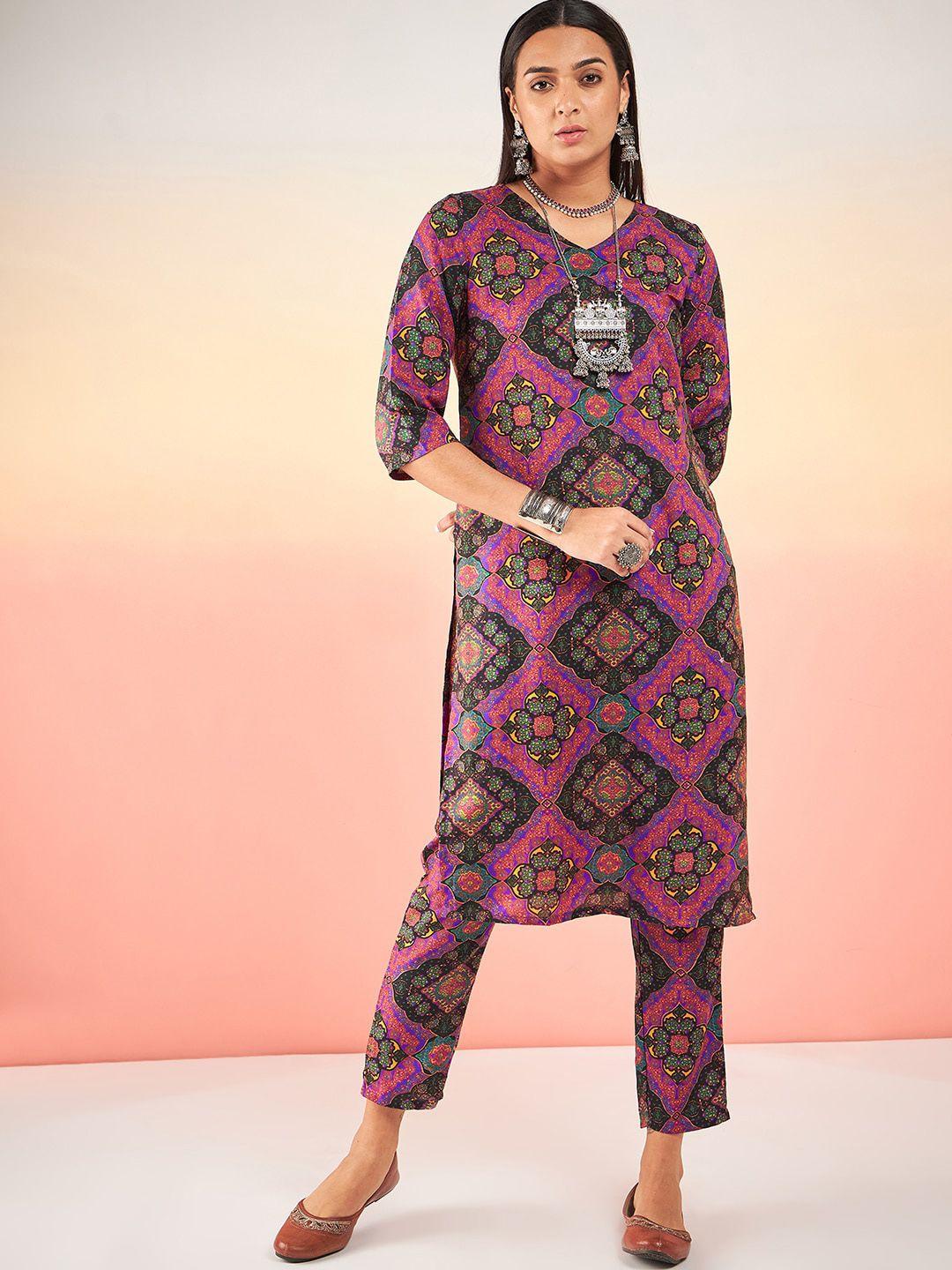 sangria ethnic motif-printed straight kurta with trouser