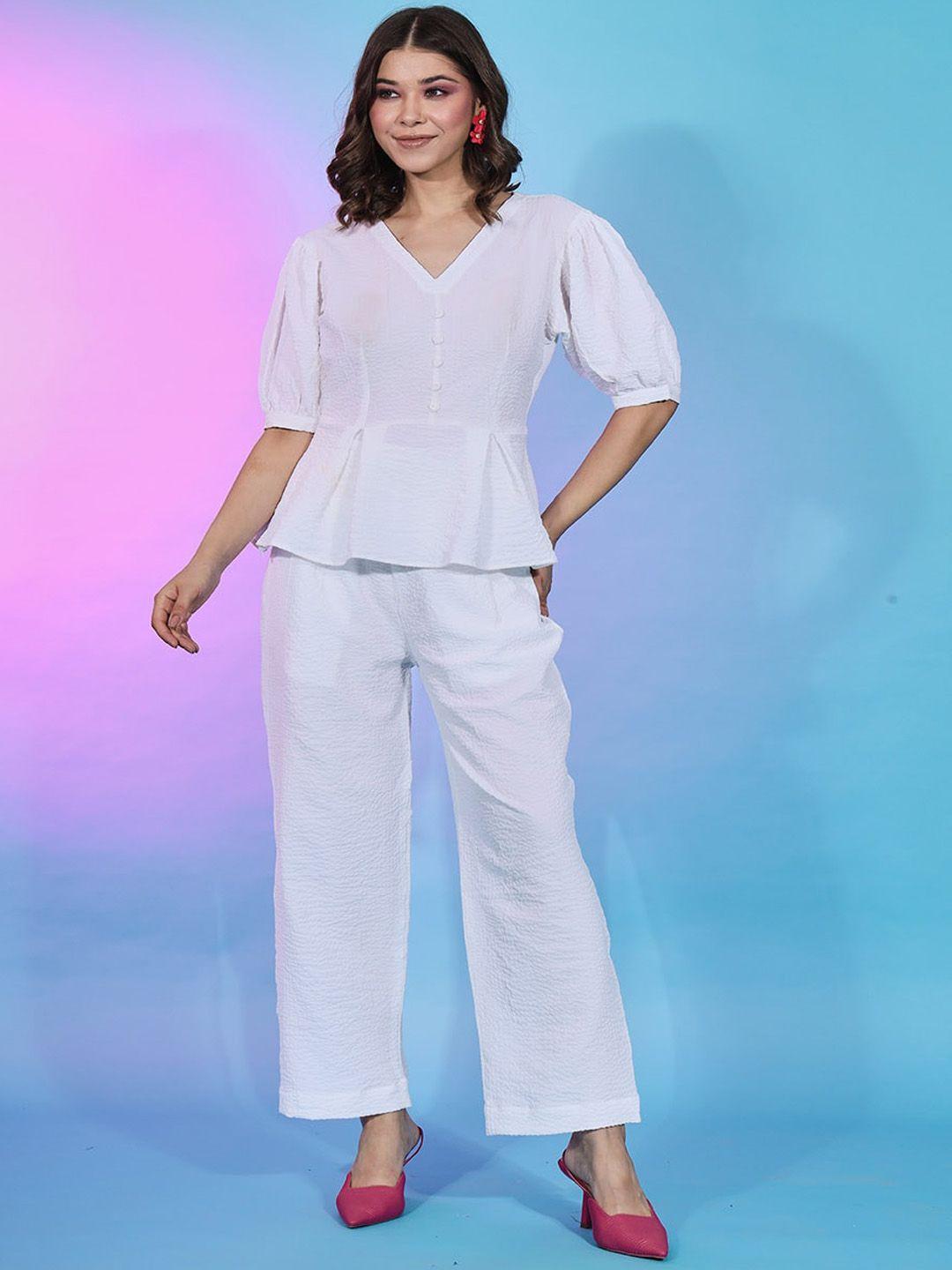 mitera white self design v-neck puff sleeve top with trousers