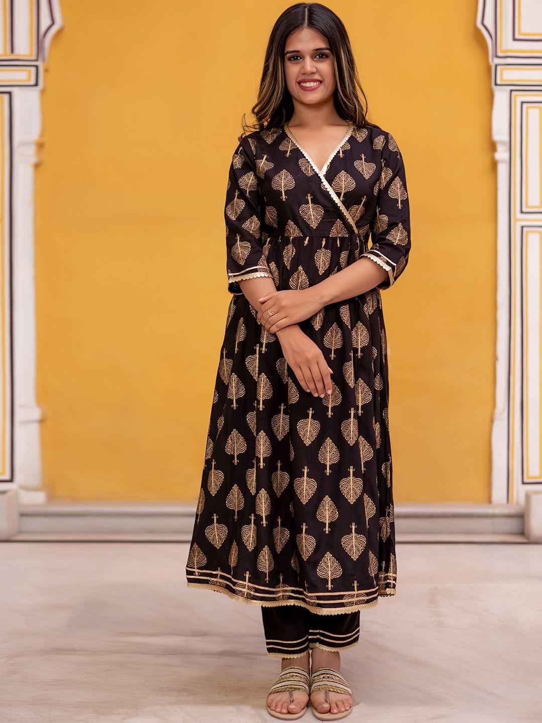 kasya women black ethnic motifs printed angrakha kurta with harem pants