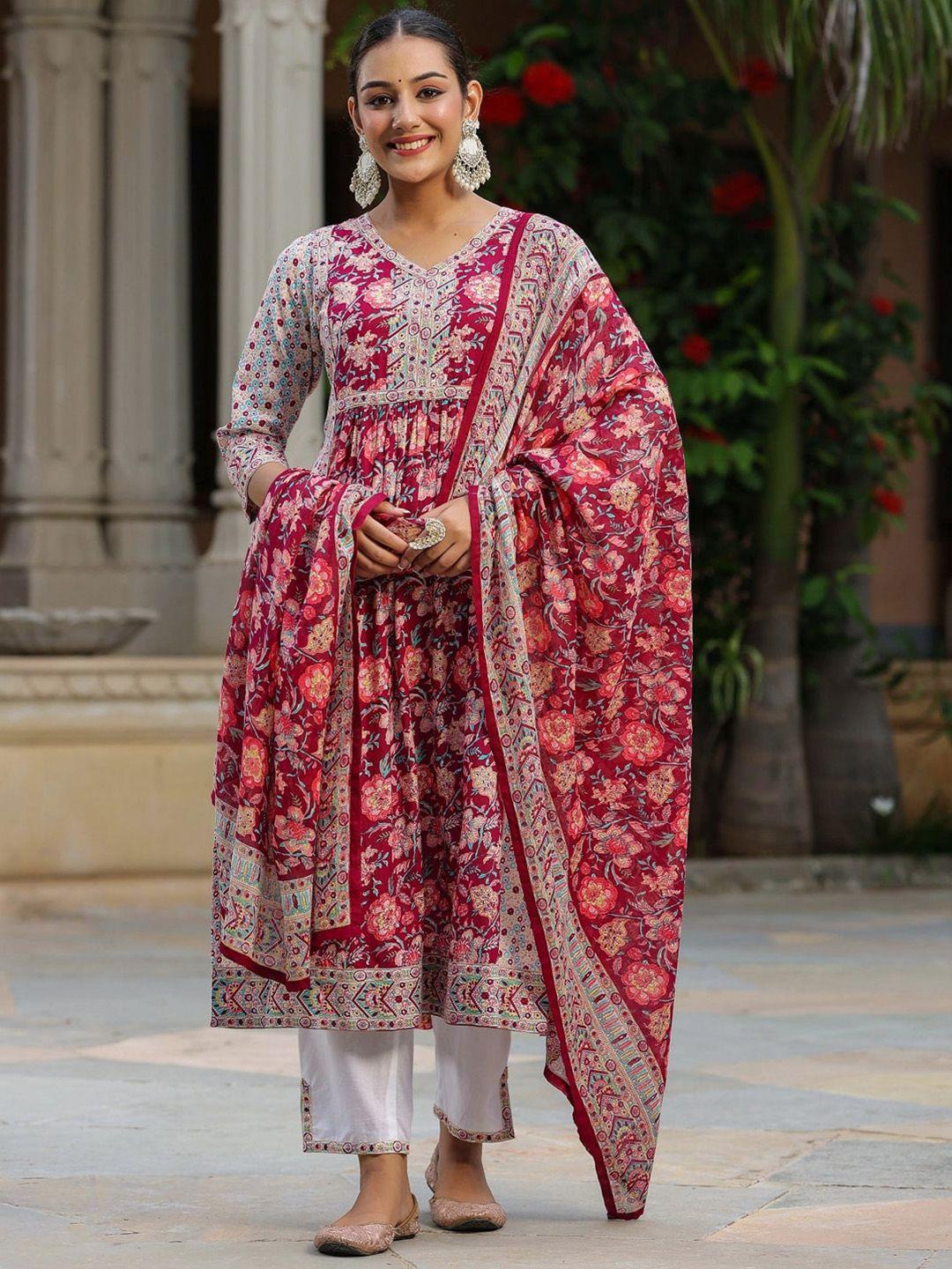 rain & rainbow floral printed pure cotton a-line kurta with trousers & dupatta