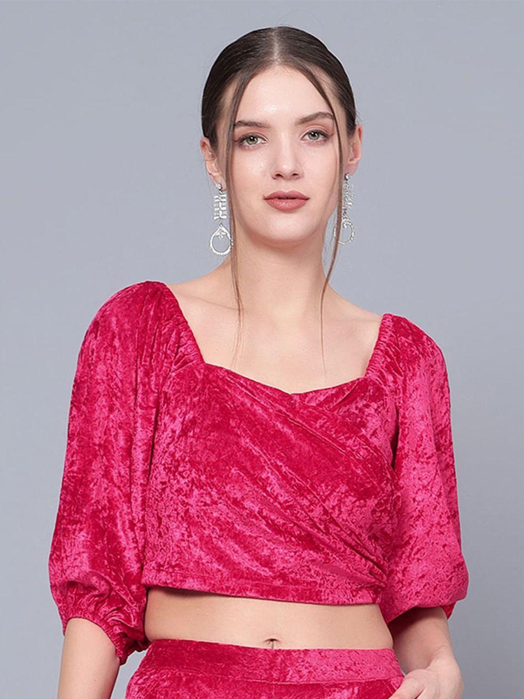 golden kite fuchsia print puff sleeve velvet crop top