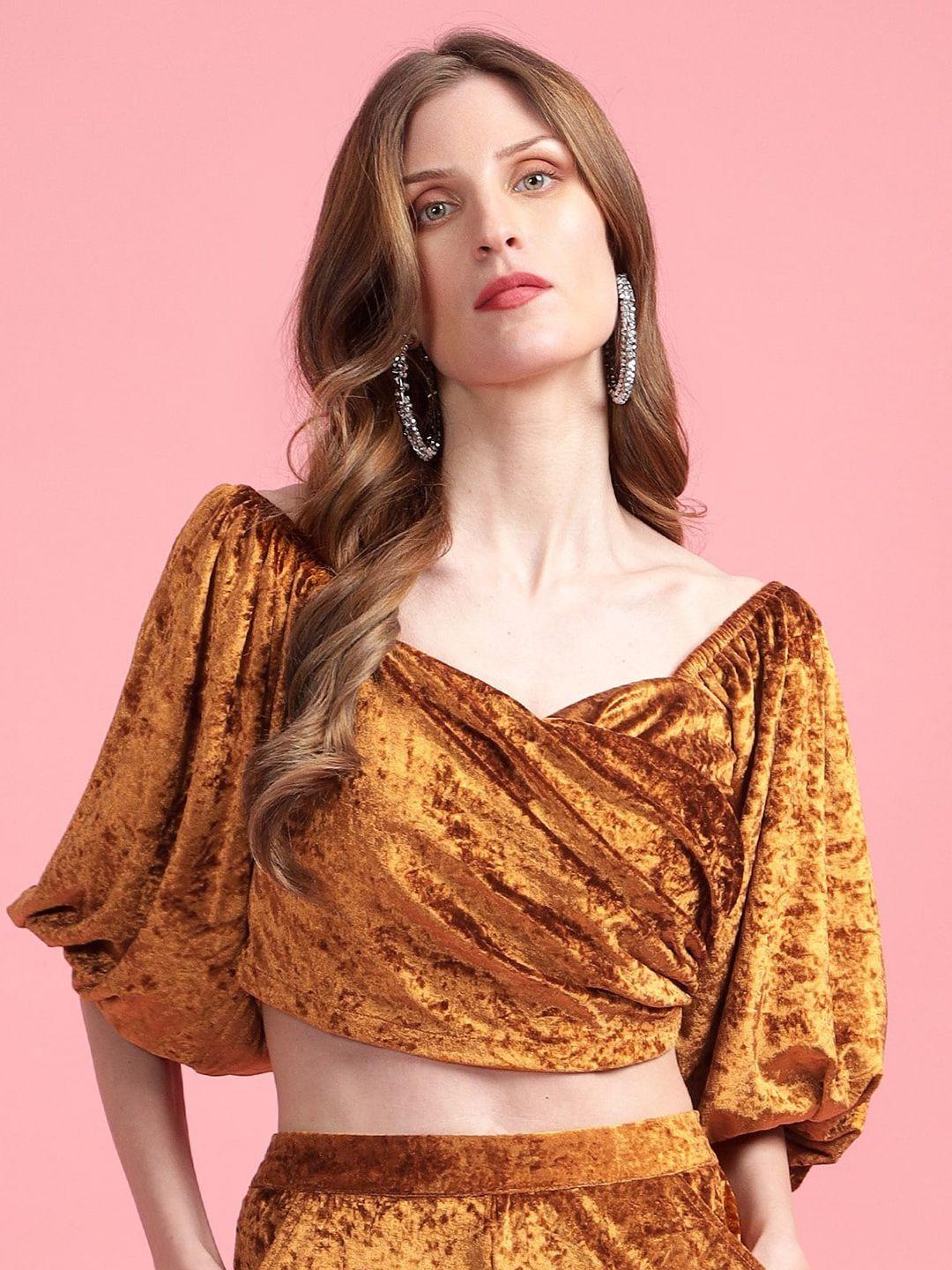 golden kite mustard yellow animal print puff sleeve velvet wrap crop top