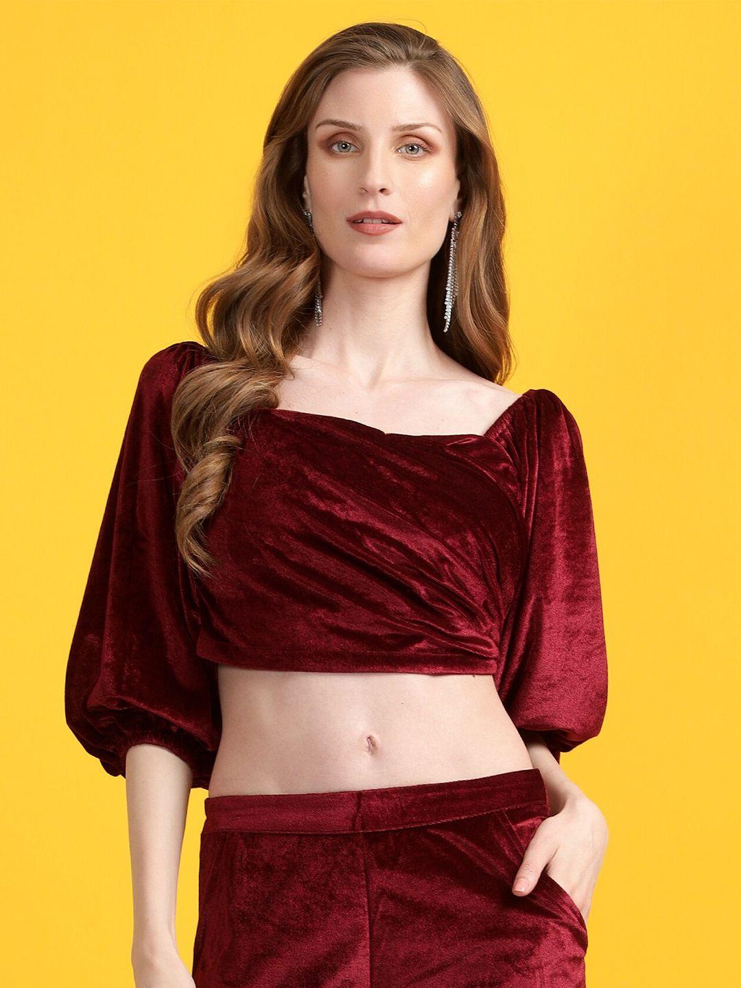 golden kite maroon puff sleeve velvet crop top