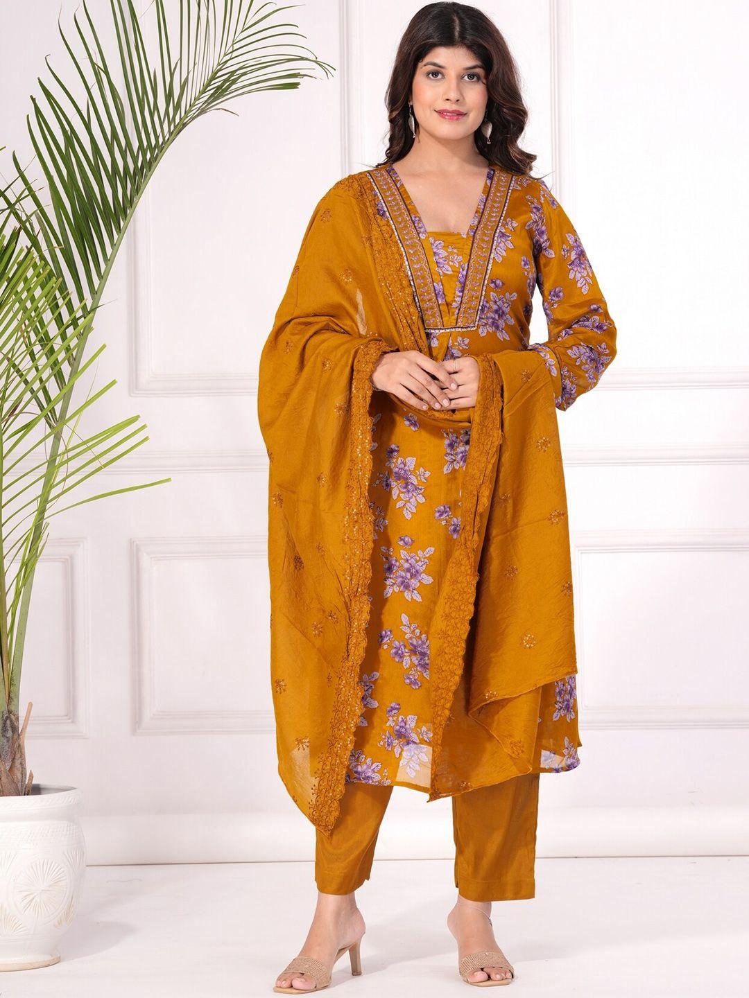 etnicawear floral printed thread work pure silk kurta & pyjamas with dupatta