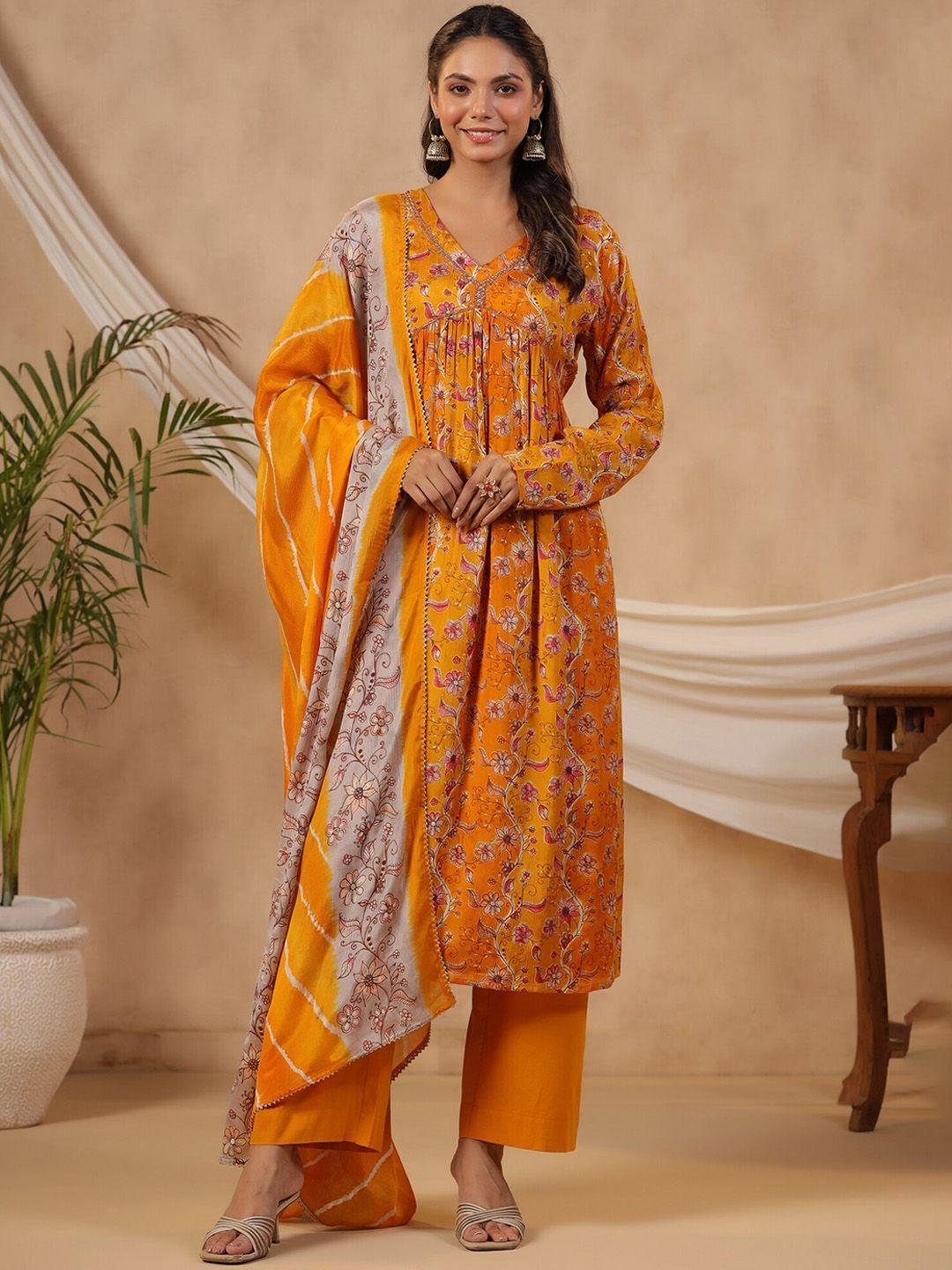 etnicawear floral printed empire gotta patti pure silk kurta & pyjamas with dupatta