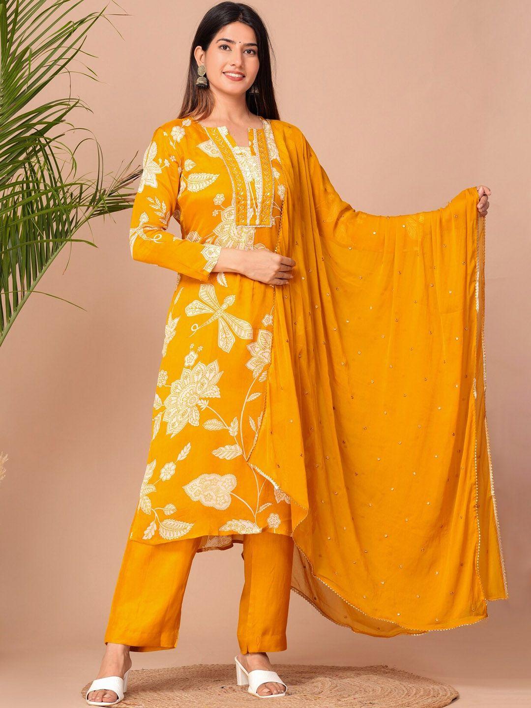 etnicawear floral printed thread work straight kurta & trousers with dupatta