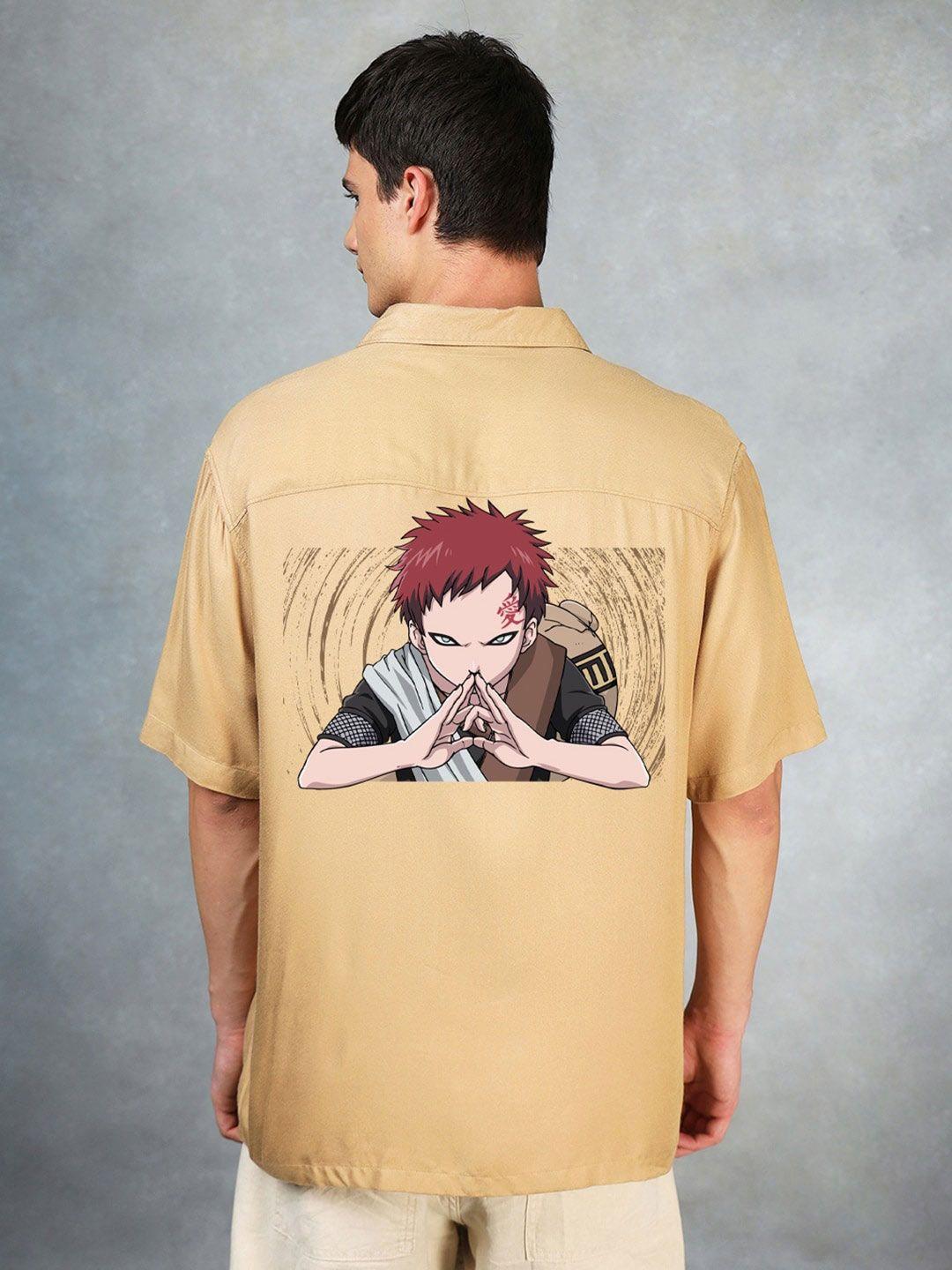 bewakoof brown oversized naruto printed spread collar short sleeves casual shirt