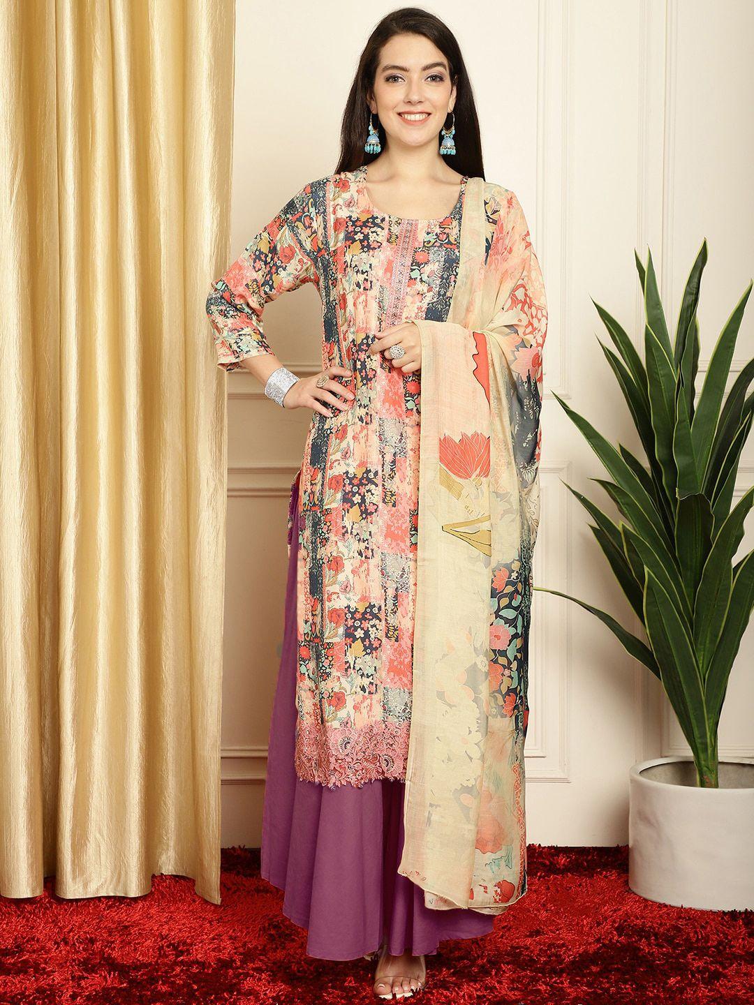 stylee lifestyle cream-coloured & pink printed pure silk unstitched dress material