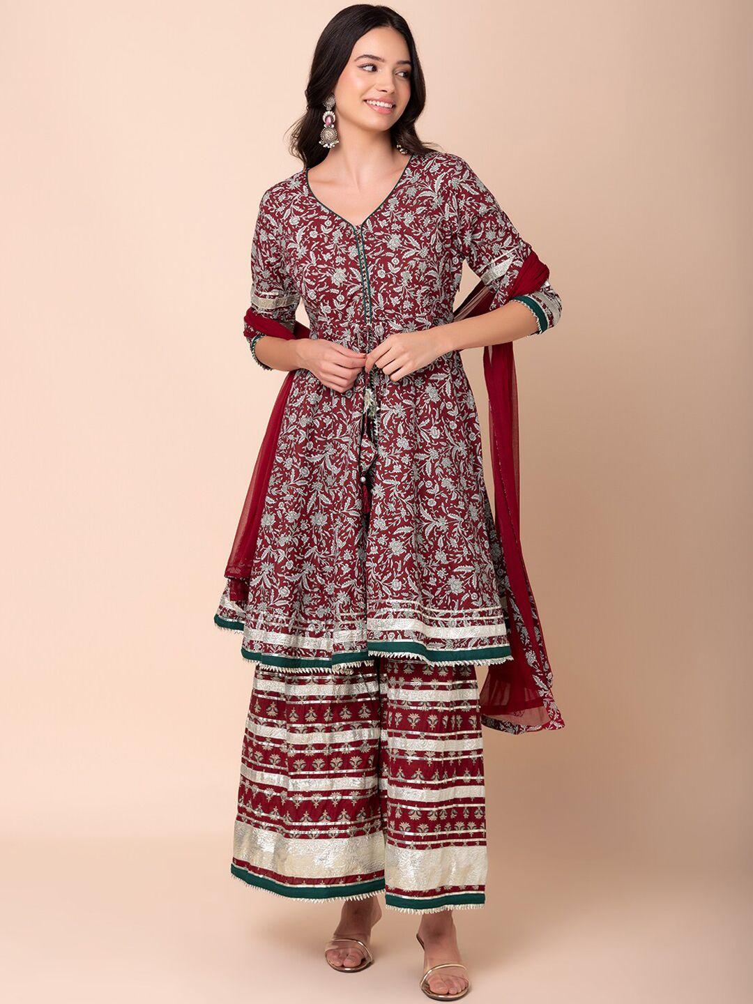 indya floral printed pure cotton a-line kurta with palazzo & dupatta