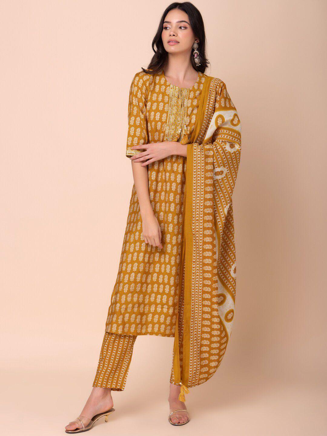 indya floral-printed a-line kurta with trouser & dupatta