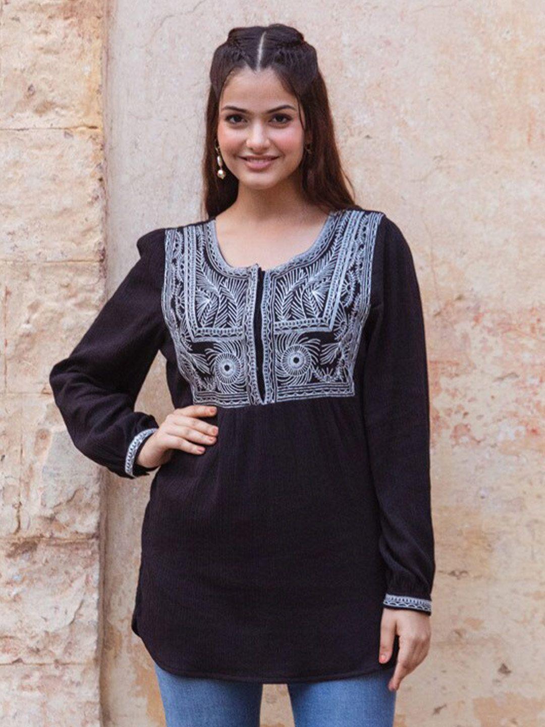 aadews ethnic motifs embroidered puff sleeves gathered detailed longline cotton top