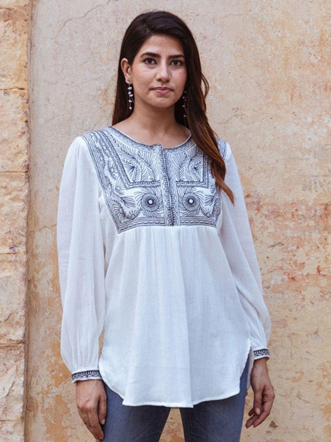 aadews ethnic motifs embroidered puff sleeves gathered detailed longline cotton top