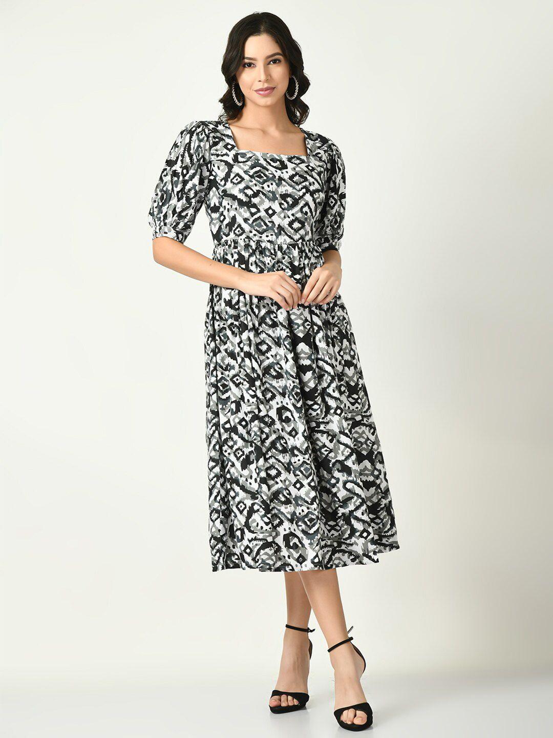 kalini black print puff sleeve fit & flare midi dress