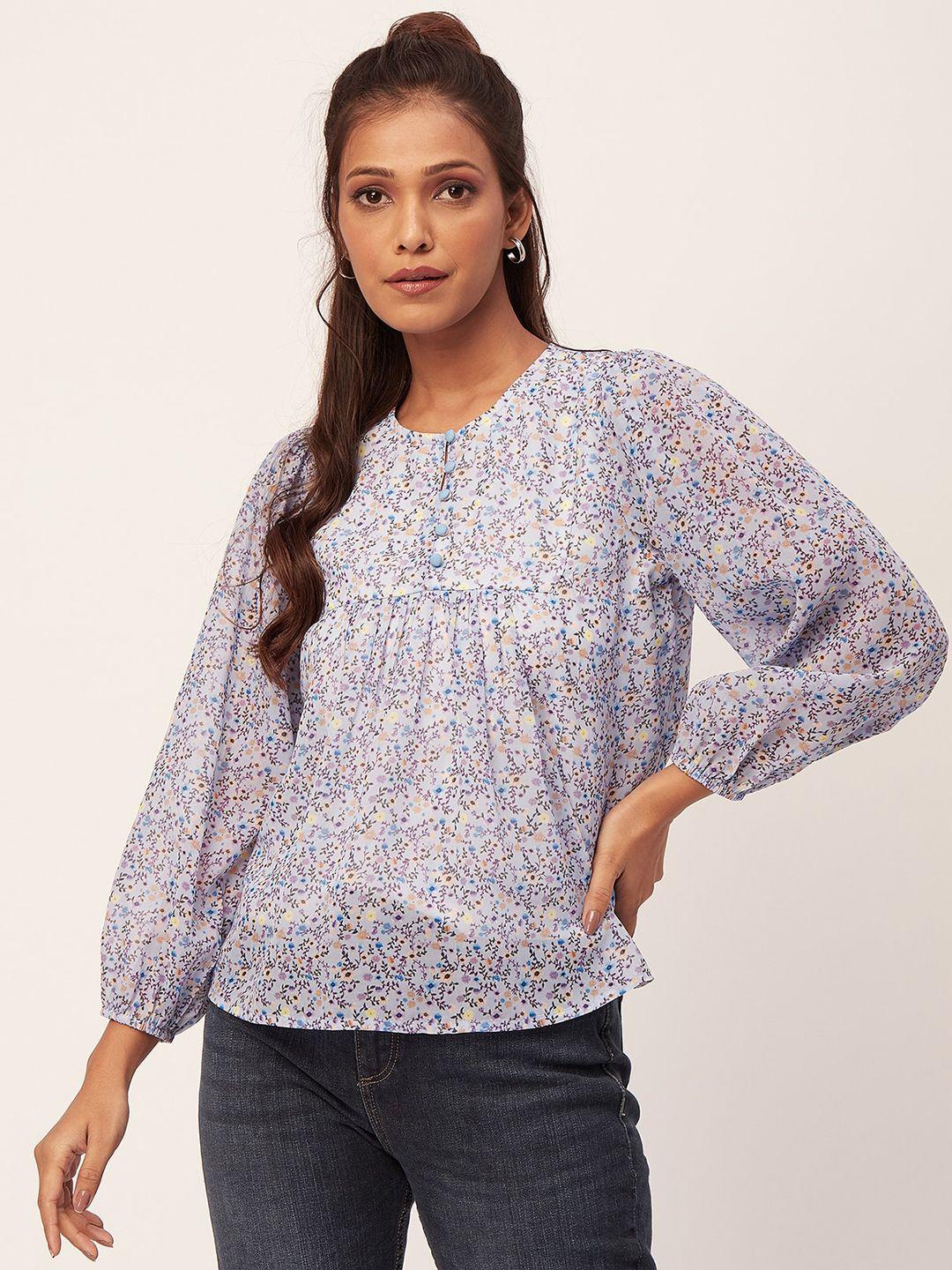 moomaya violet floral print puff sleeve chiffon top