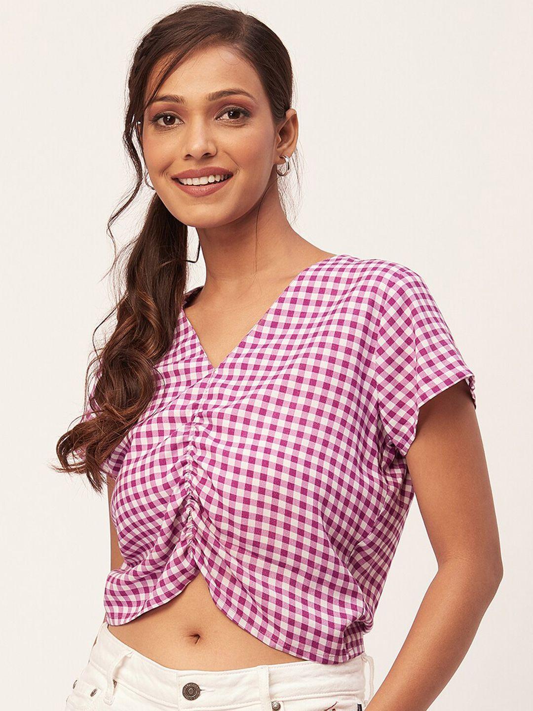 moomaya purple checked extended sleeves crop top