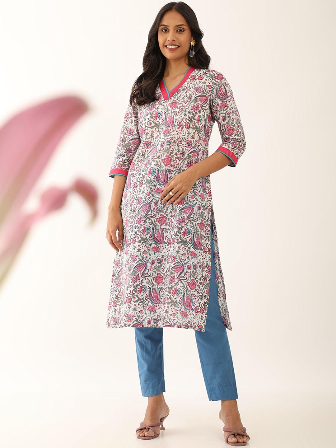 taneira floral block printed pure cotton straight kurta