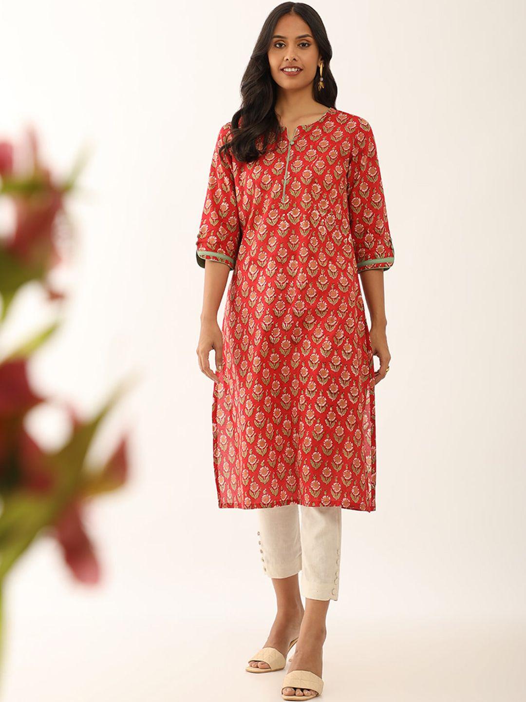 taneira floral block printed pure cotton straight kurta