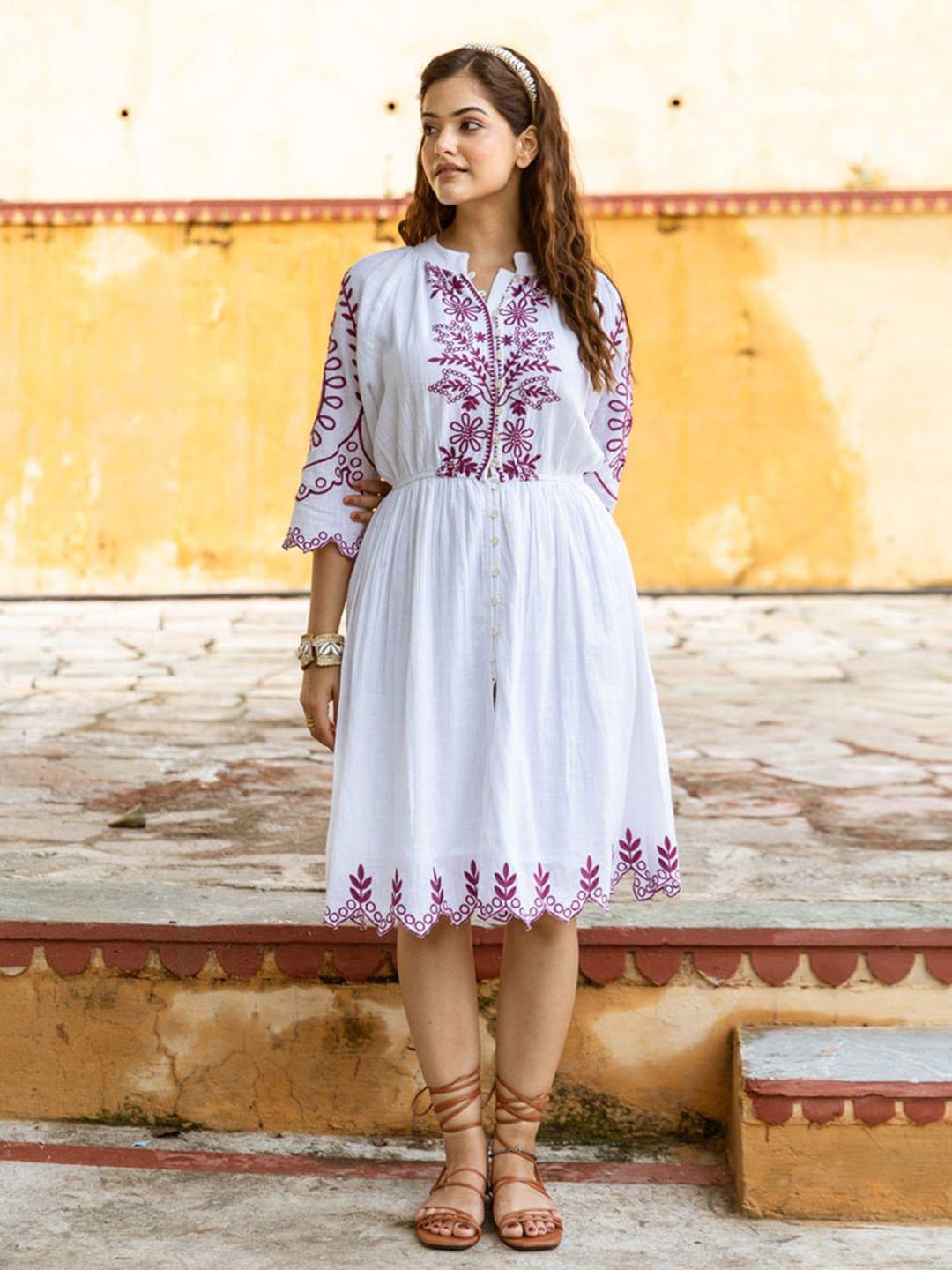 aadews floral embroidered mandarin collar fit & flare cotton dress