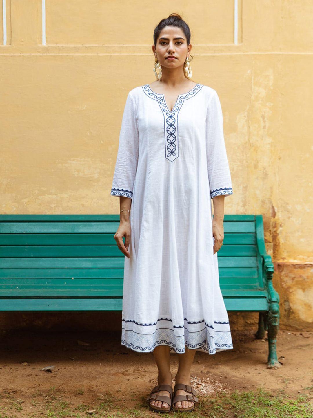 aadews geometric embroidered gathered a-line midi ethnic dress