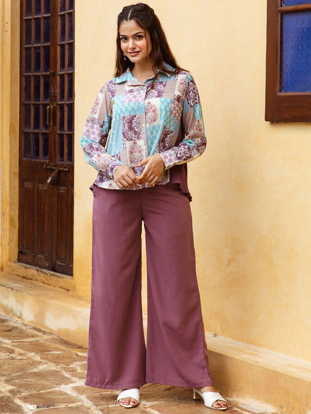 aadews floral printed pleated shirt with palazzos