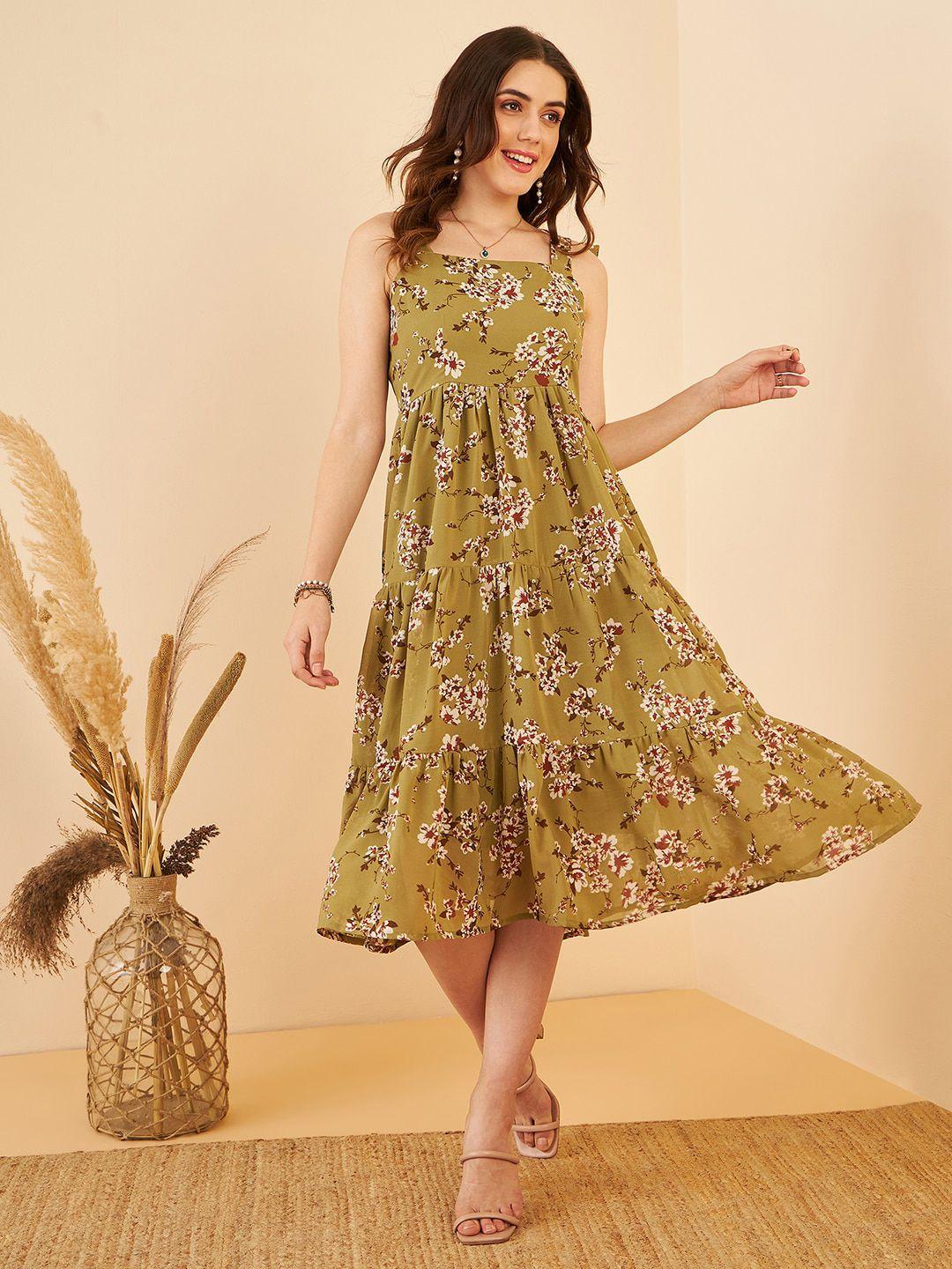 carlton london floral printed shoulder straps gathered georgette tiered fit & flare dress