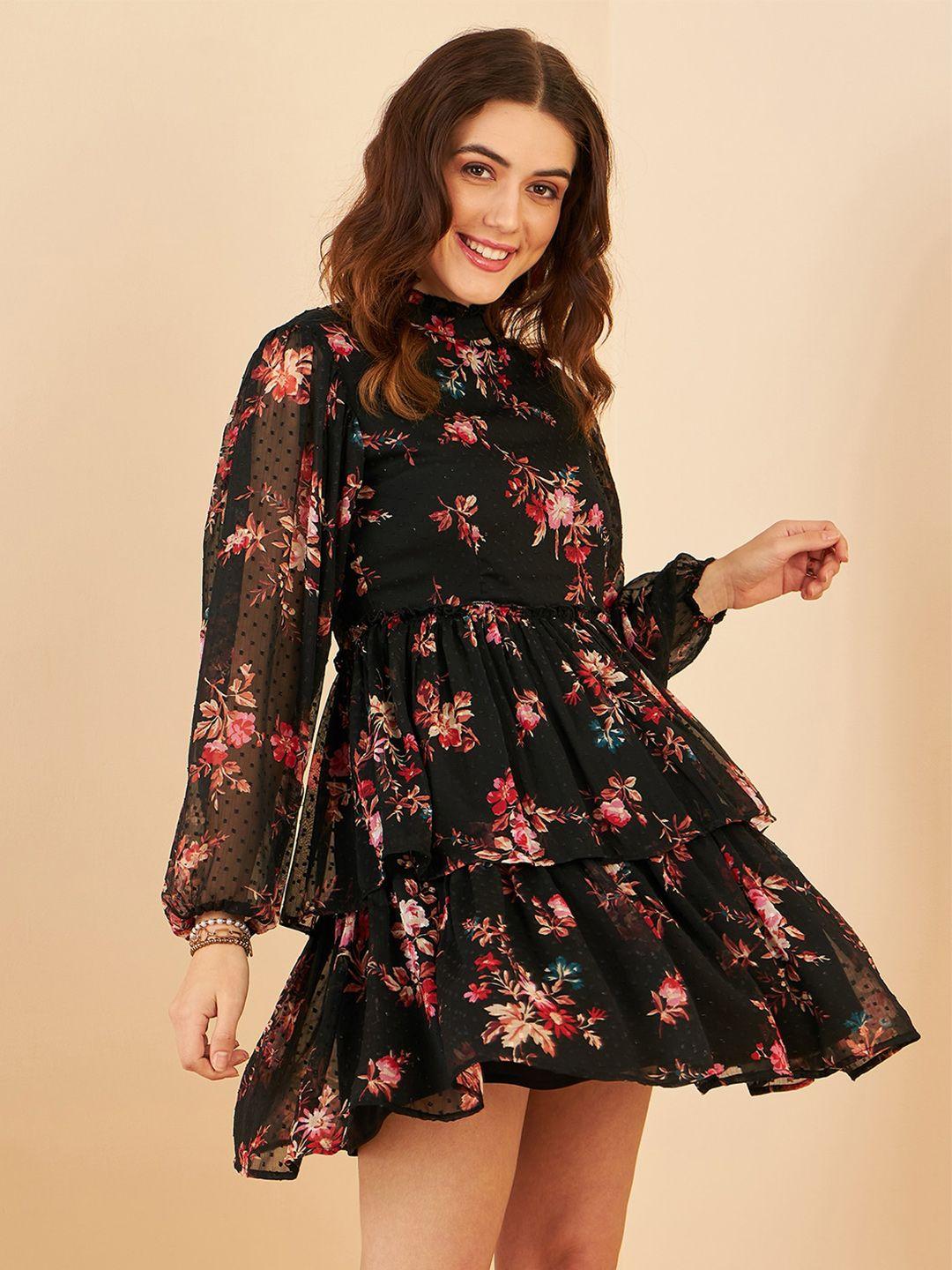 marie claire black floral print puff sleeve fit & flare mini dress