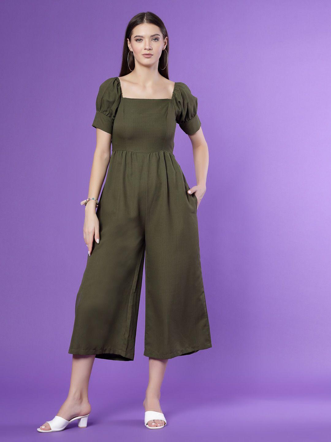 kook n keech olive green puff sleeve fit & flare midi dress