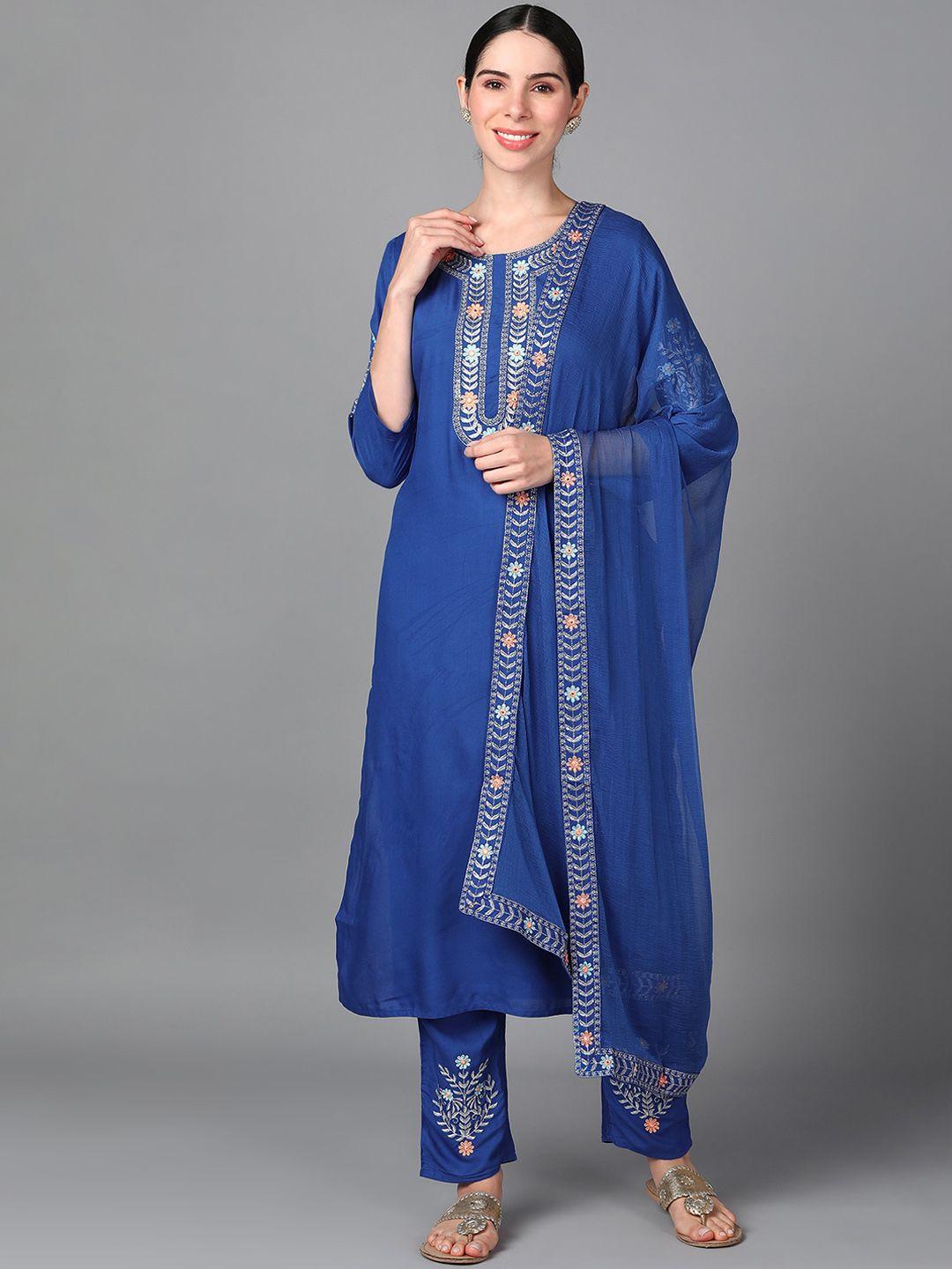 aayumi floral yoke design mirror work straight kurta with trousers & dupatta